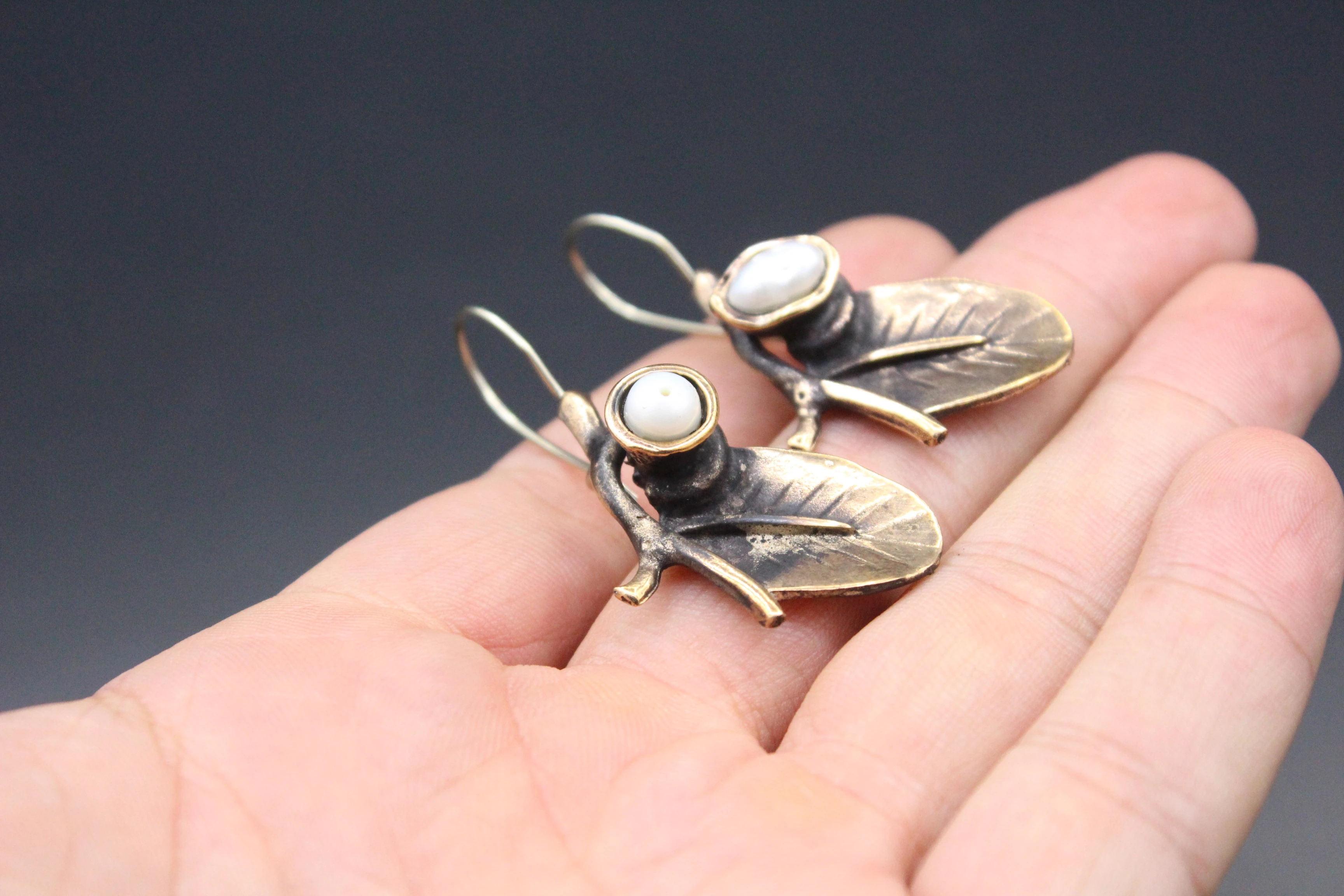 Bronze Küpe, Yaprak desenli Küpe, inci taşlı Küpe, Boho Küpe, 