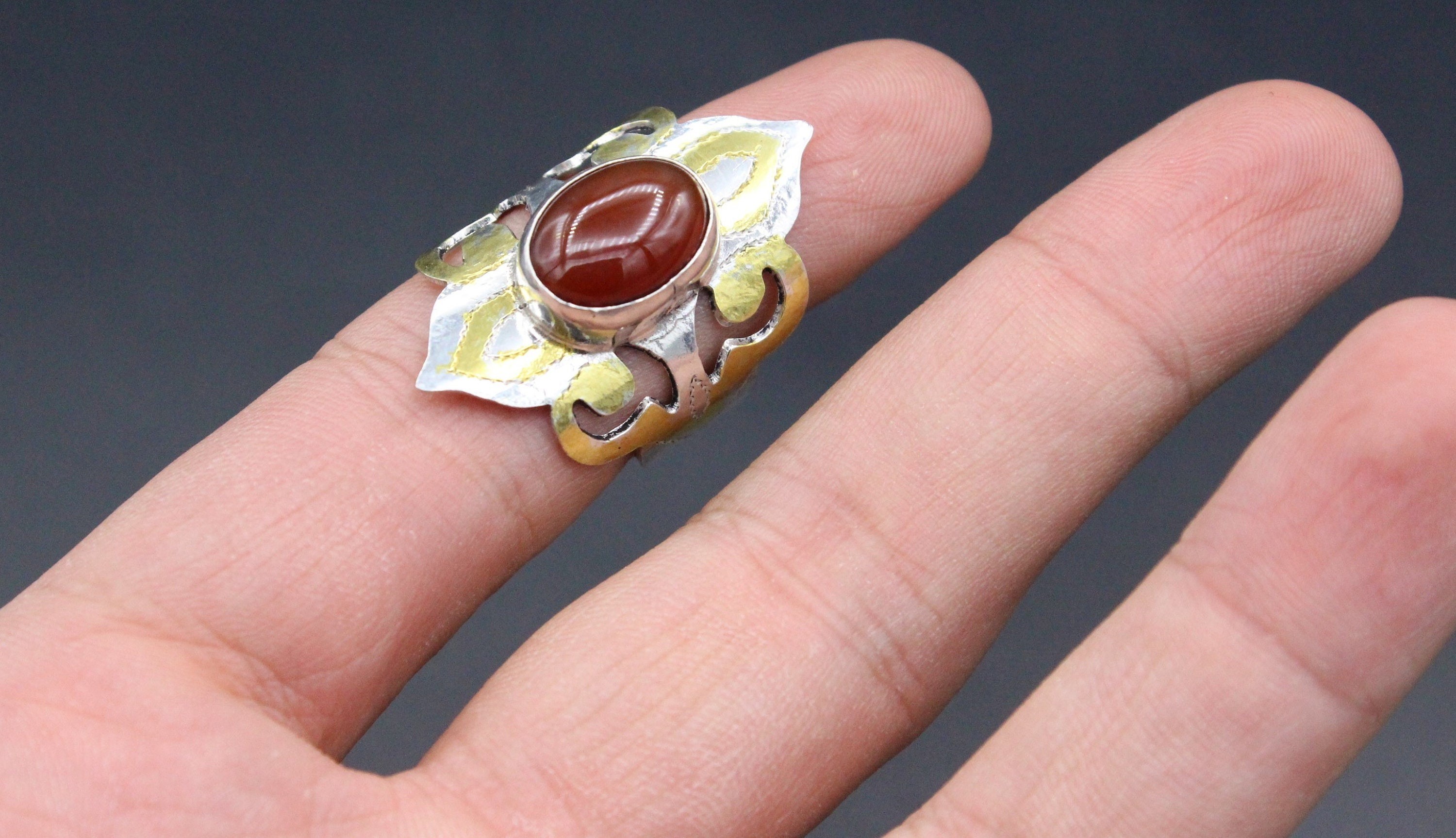 Turkmen Silver Partial Gold Wash Ring, Beautiful Carnelian Stone Adjustable Silver Ring, Carved Tribal Ring, Size 8.5US