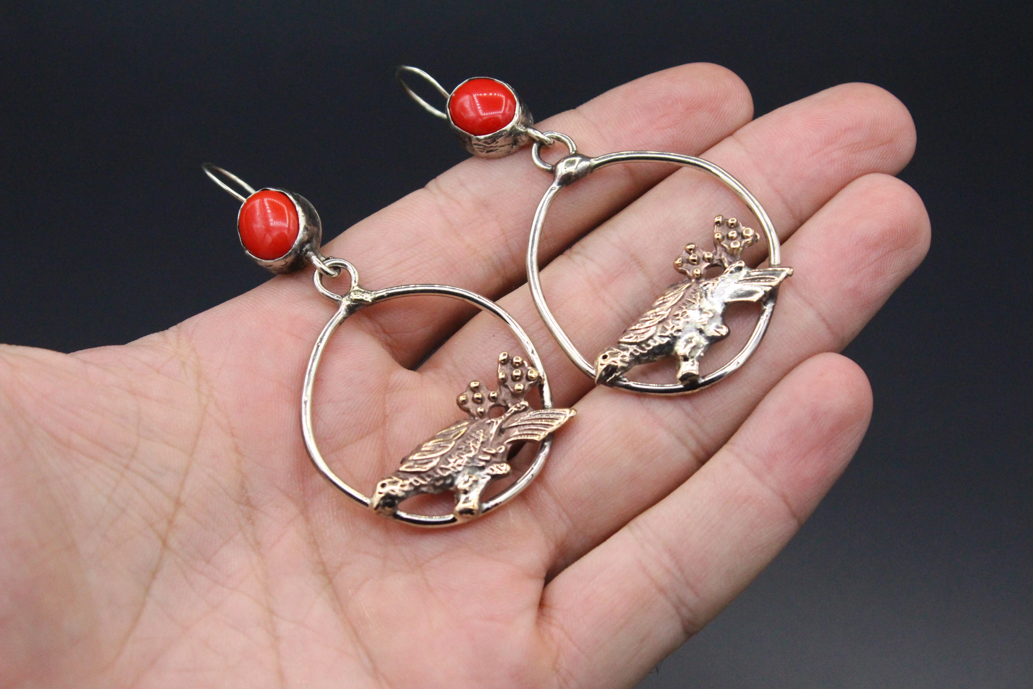 Bronze Küpe, Serçe Desenli Küpe, Koral Taşlı Küpe, Boho Küpe, 