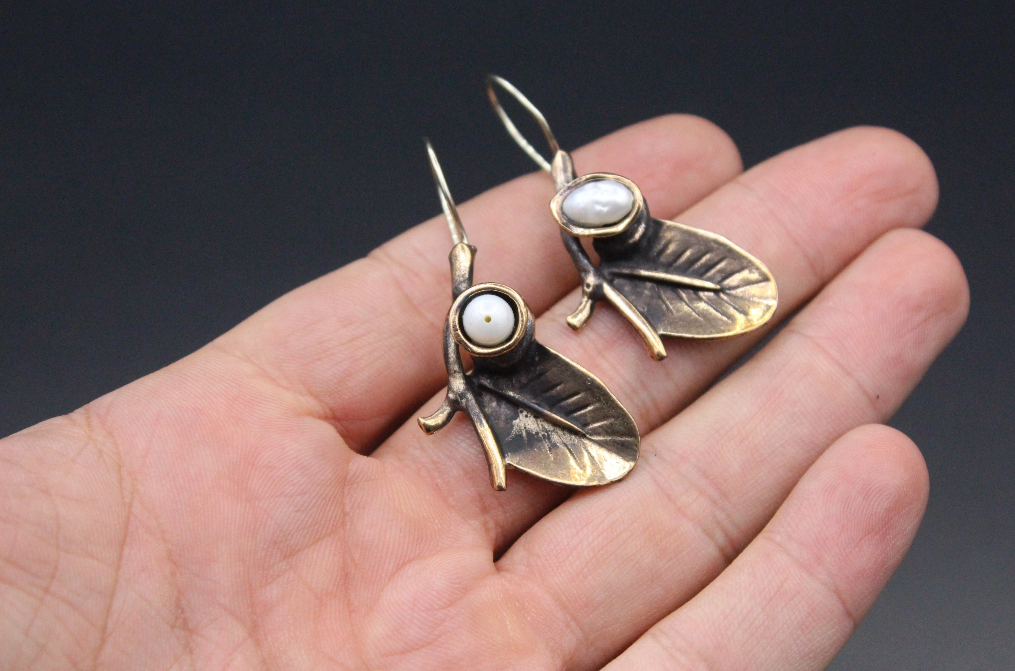 Bronze Küpe, Yaprak desenli Küpe, inci taşlı Küpe, Boho Küpe, 