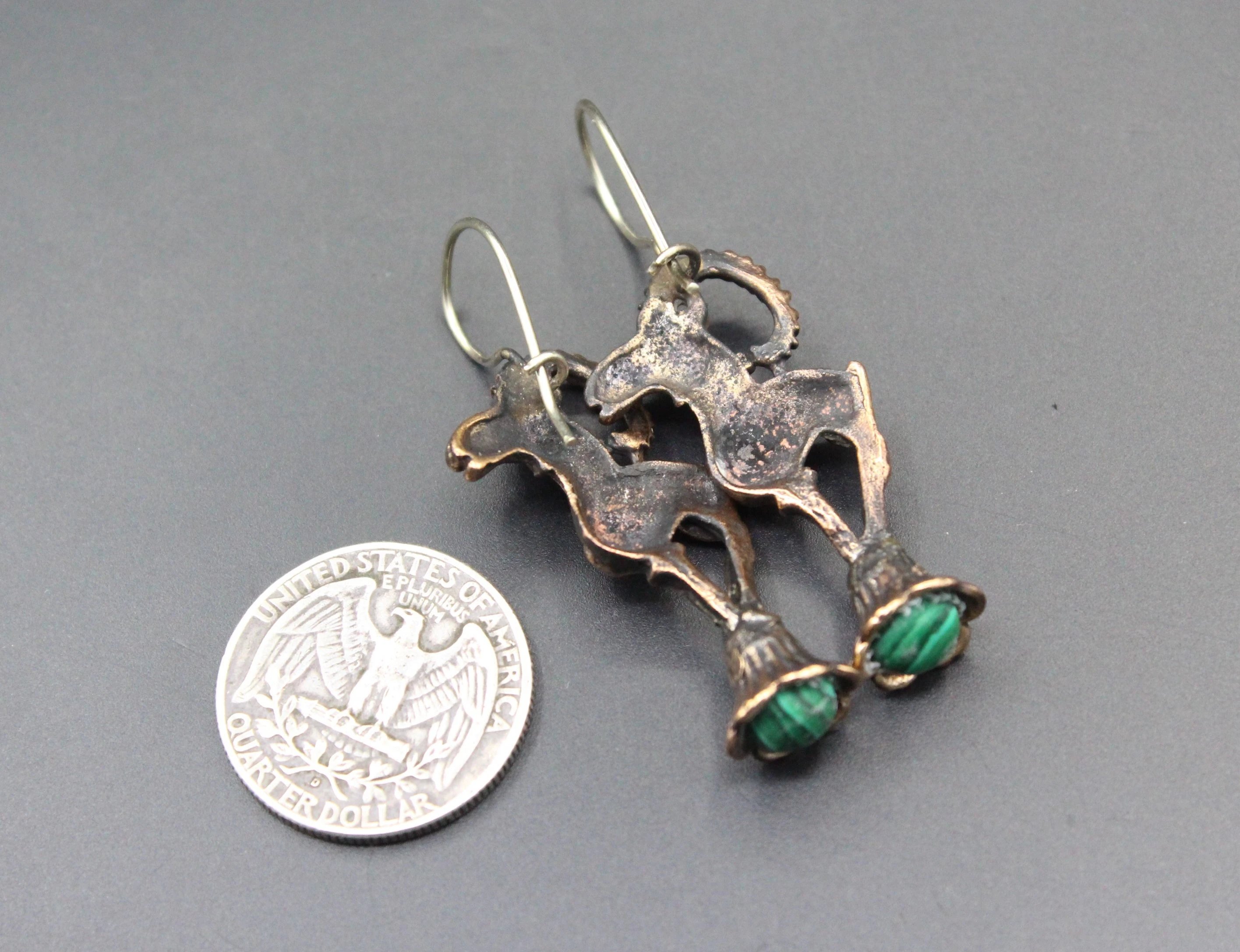 Bronze Küpe, Dağ Keçisi desenli Küpe, Malahit Taşlı Küpe, Boho Küpe, 