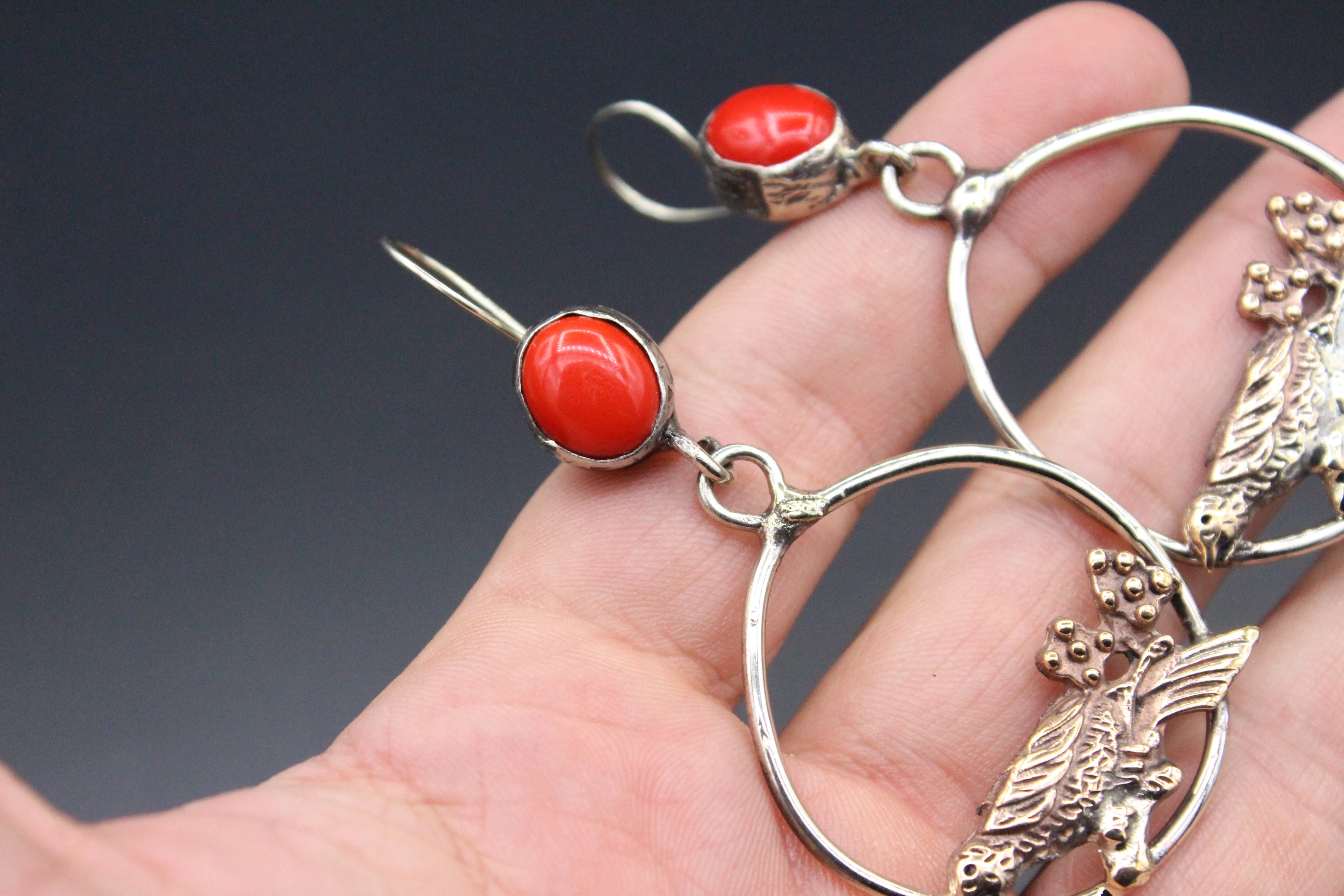 Bronze Küpe, Serçe Desenli Küpe, Koral Taşlı Küpe, Boho Küpe, 