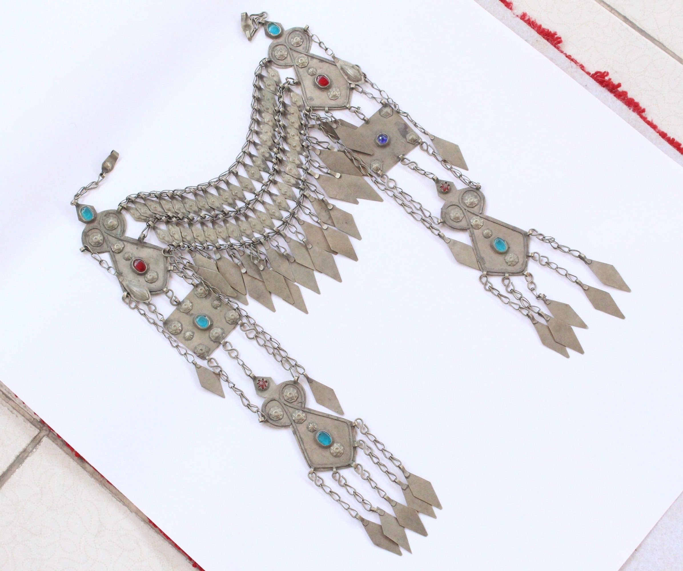 Vintage Turkmen Headpiece, Ethnic Tribal Alpaka Head Jewelry, Glass Beads Tassels Headpiece, Costuming Jewelry, Tribal Turkmen Jewelry