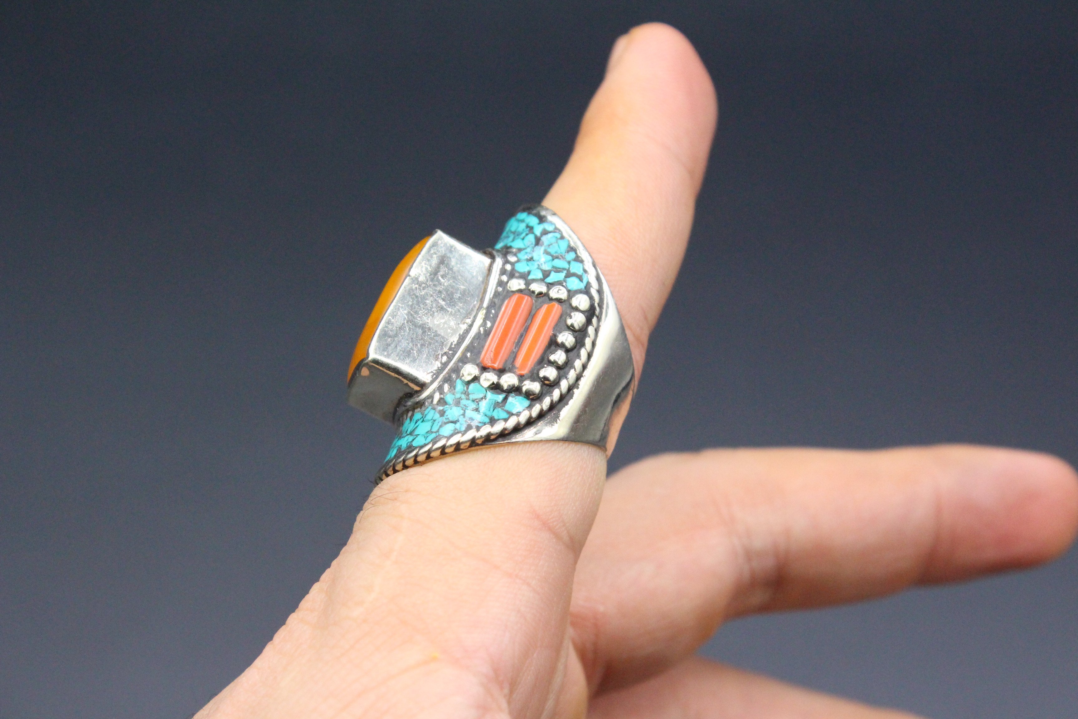 Nepalese Tibetan Vintage Ring, Turquoise & Coral Stones Long Ring, Boho Style Adorable Ring, Size 10US, Gemstones Ring, Long Boho Ring,