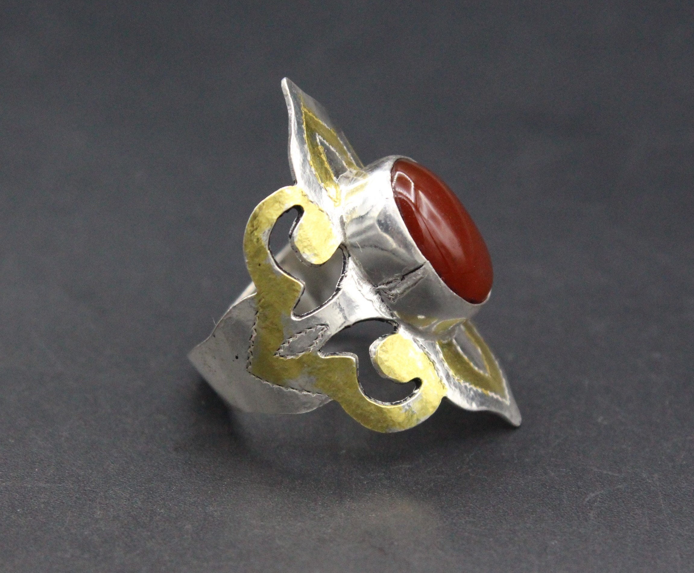 Turkmen Silver Partial Gold Wash Ring, Beautiful Carnelian Stone Adjustable Silver Ring, Carved Tribal Ring, Size 8.5US