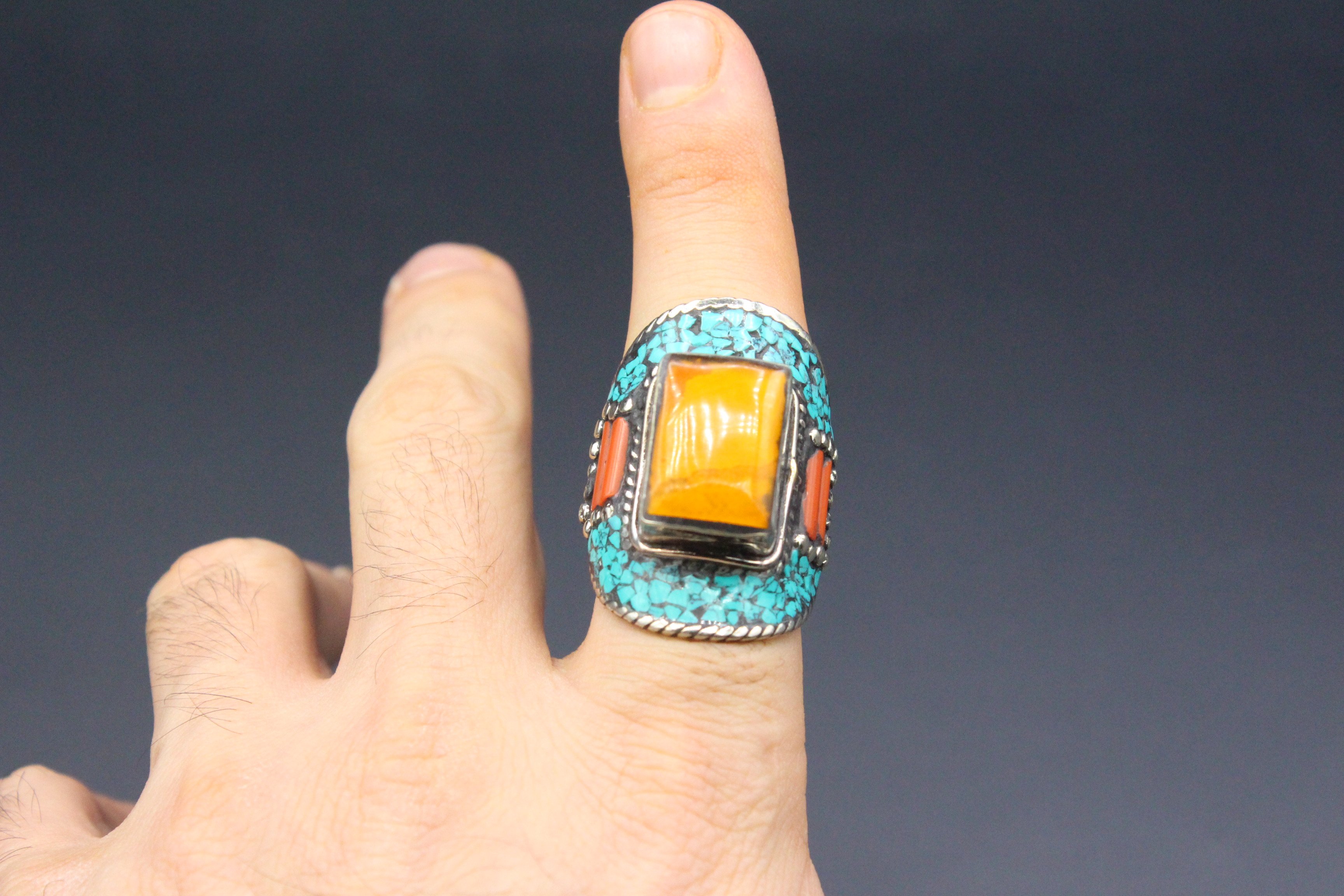 Nepalese Tibetan Vintage Ring, Turquoise & Coral Stones Long Ring, Boho Style Adorable Ring, Size 10US, Gemstones Ring, Long Boho Ring,