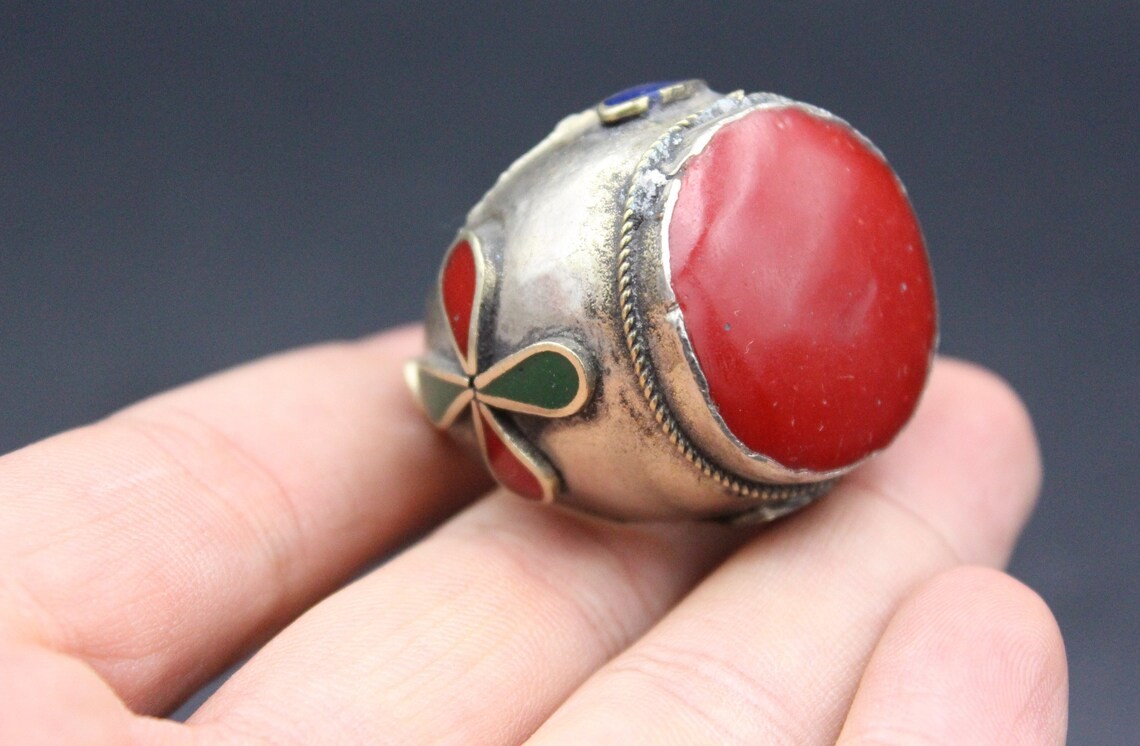 Vintage Afghan Alpaka Ring, Red Enamel Ring, Tribal Boho Ring, Kuchi Ring, Large Gypsy Ring, Size 9.25US, Afghan Jewelries