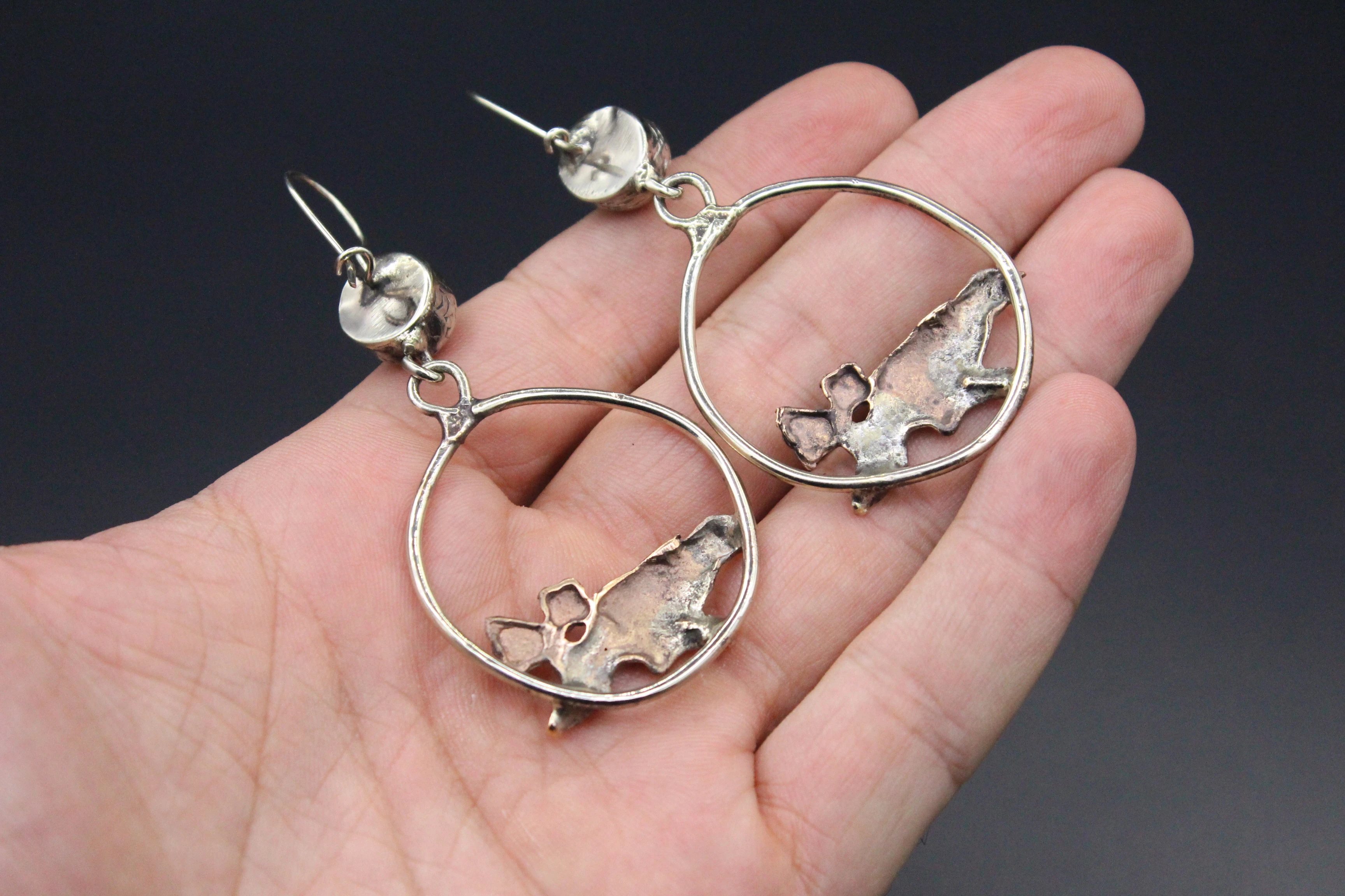 Bronze Küpe, Serçe Desenli Küpe, Koral Taşlı Küpe, Boho Küpe, 