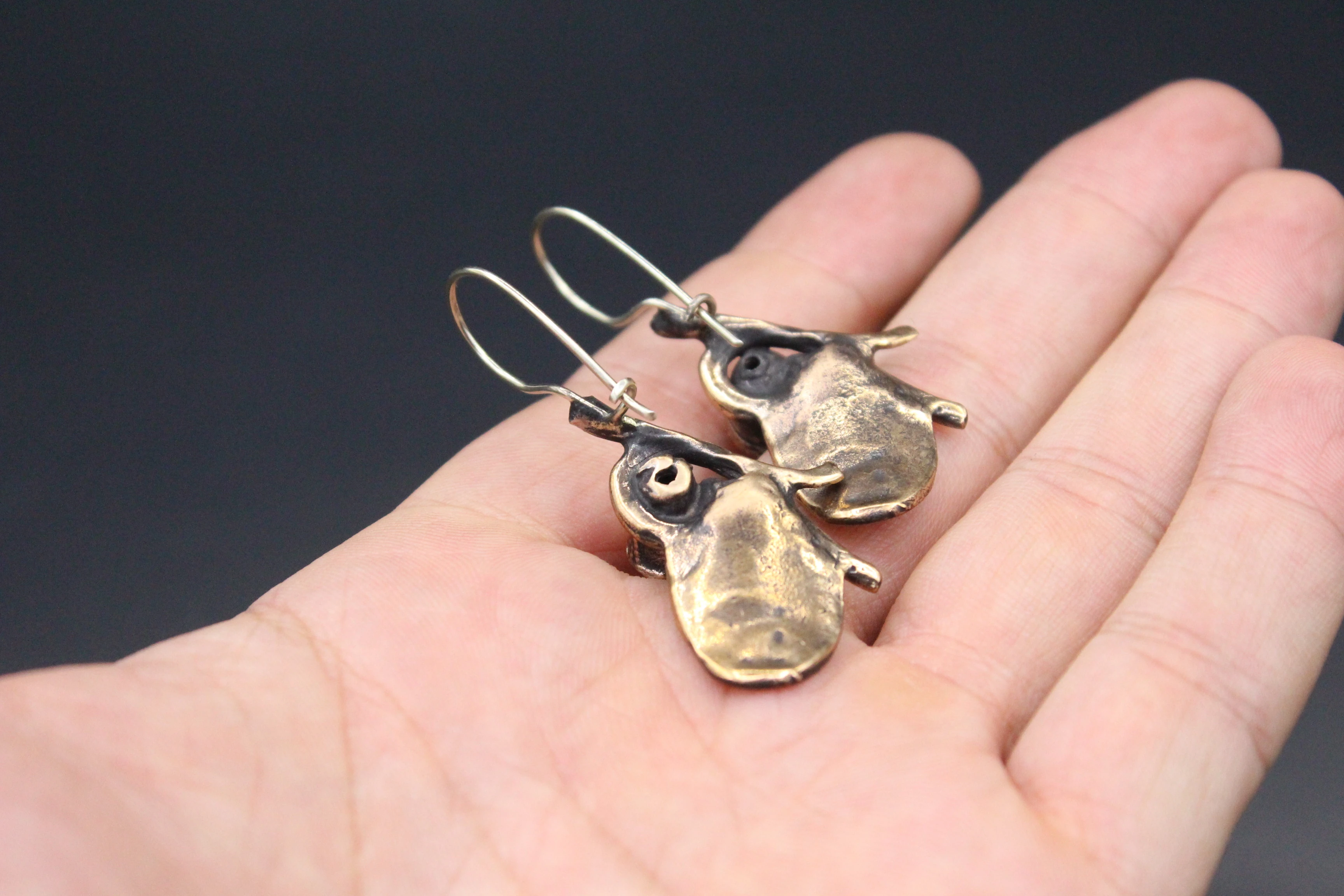 Bronze Küpe, Yaprak desenli Küpe, inci taşlı Küpe, Boho Küpe, 