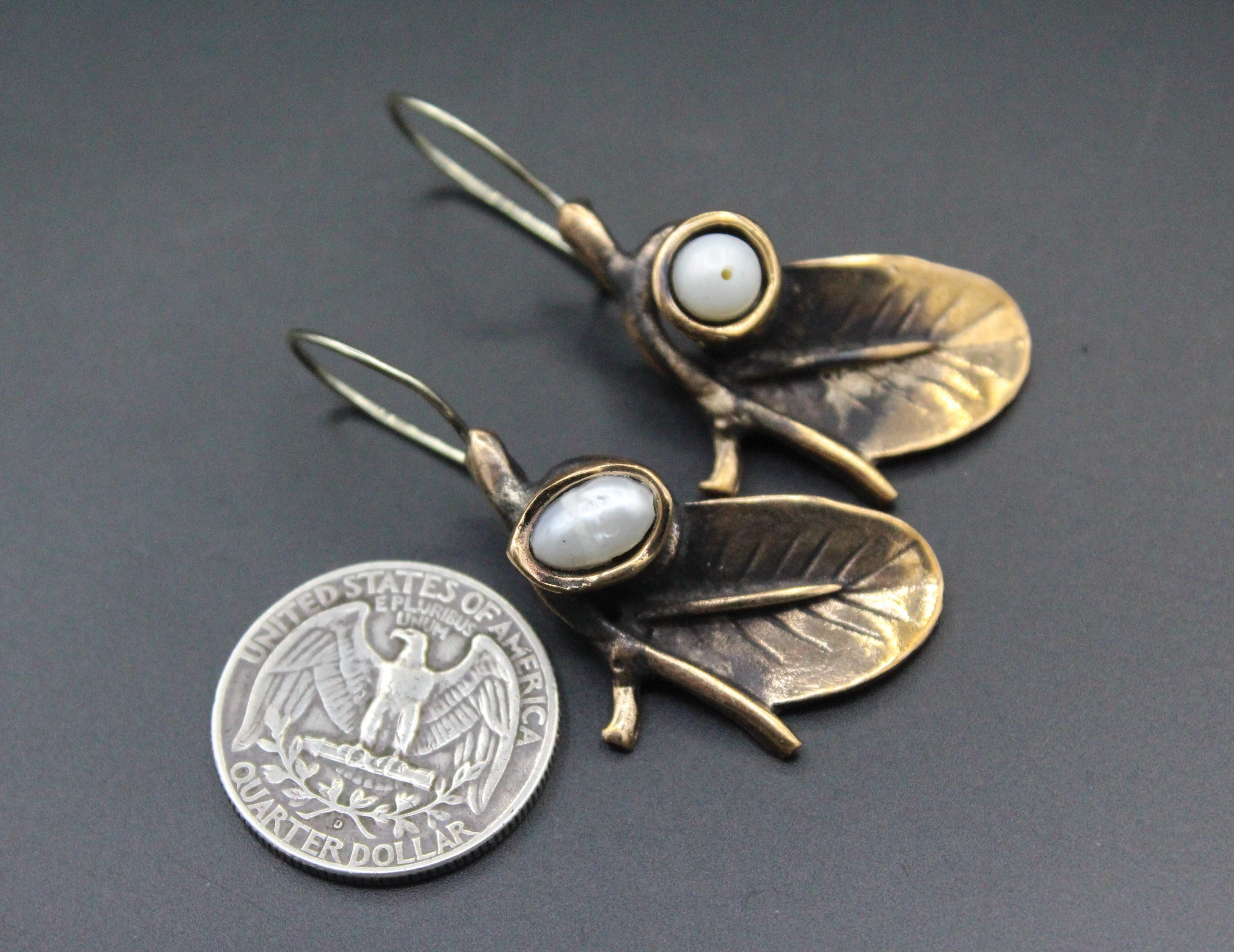 Bronze Küpe, Yaprak desenli Küpe, inci taşlı Küpe, Boho Küpe, 