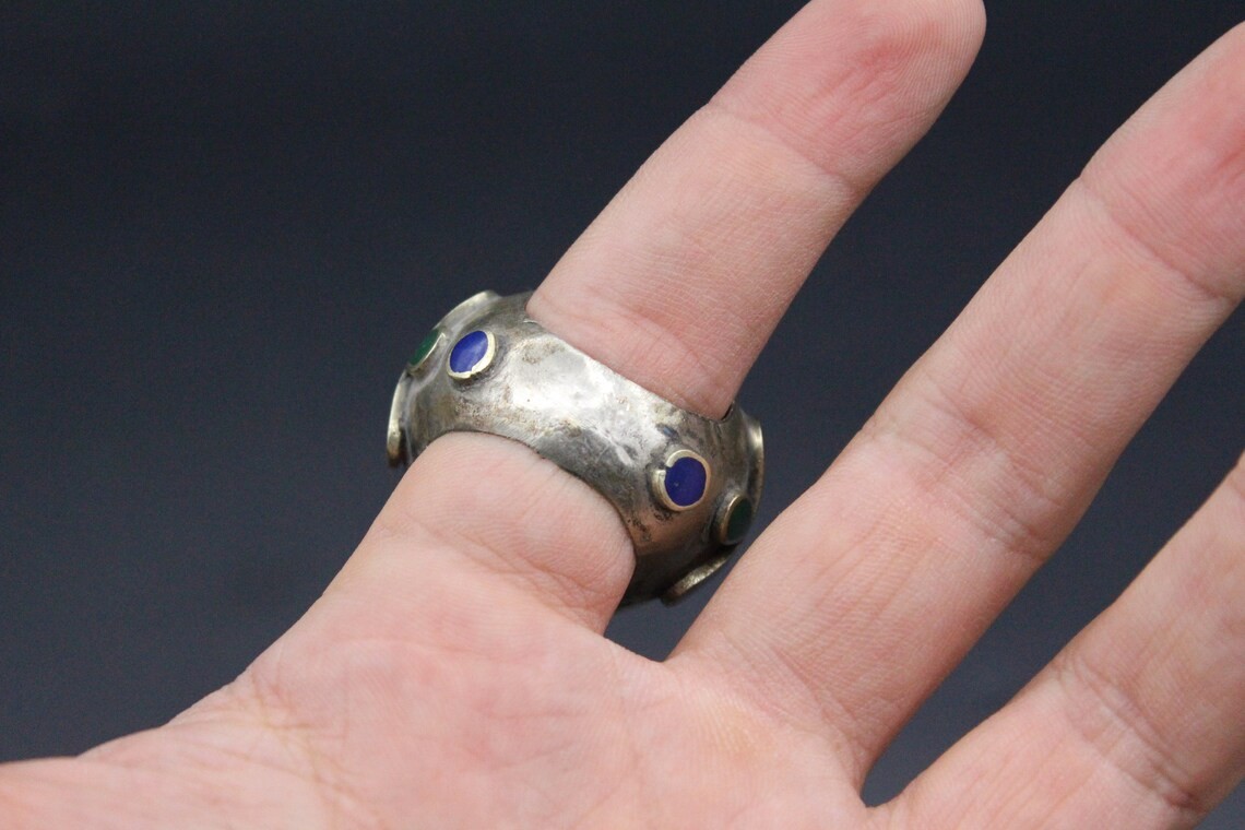 Vintage Afghan Alpaka Ring, Red Enamel Ring, Tribal Boho Ring, Kuchi Ring, Large Gypsy Ring, Size 9.25US, Afghan Jewelries