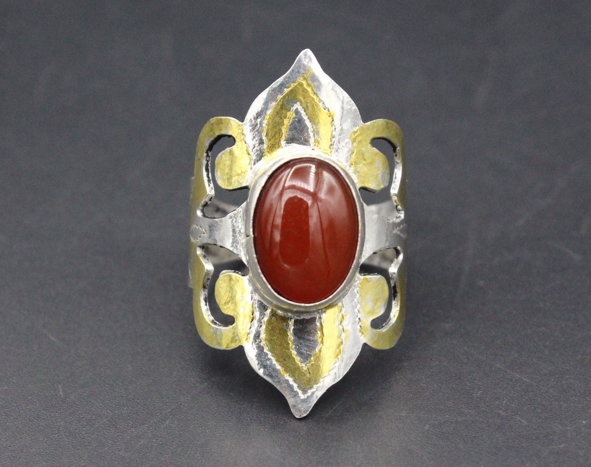 Turkmen Silver Partial Gold Wash Ring, Beautiful Carnelian Stone Adjustable Silver Ring, Carved Tribal Ring, Size 8.5US