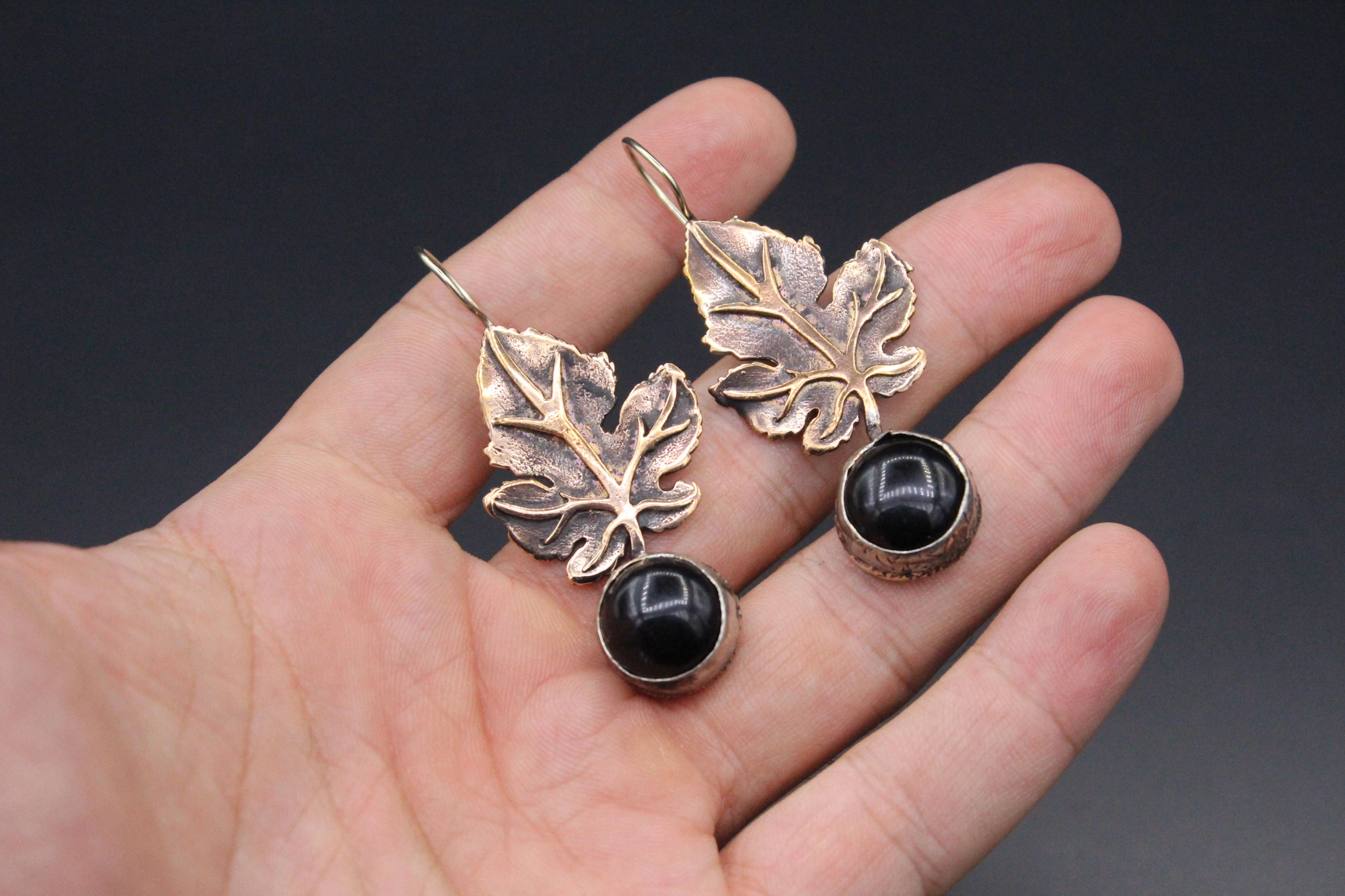 Bronze Küpe, Yaprak desenli Küpe, Onyx Taşlı Küpe, Boho Küpe, 
