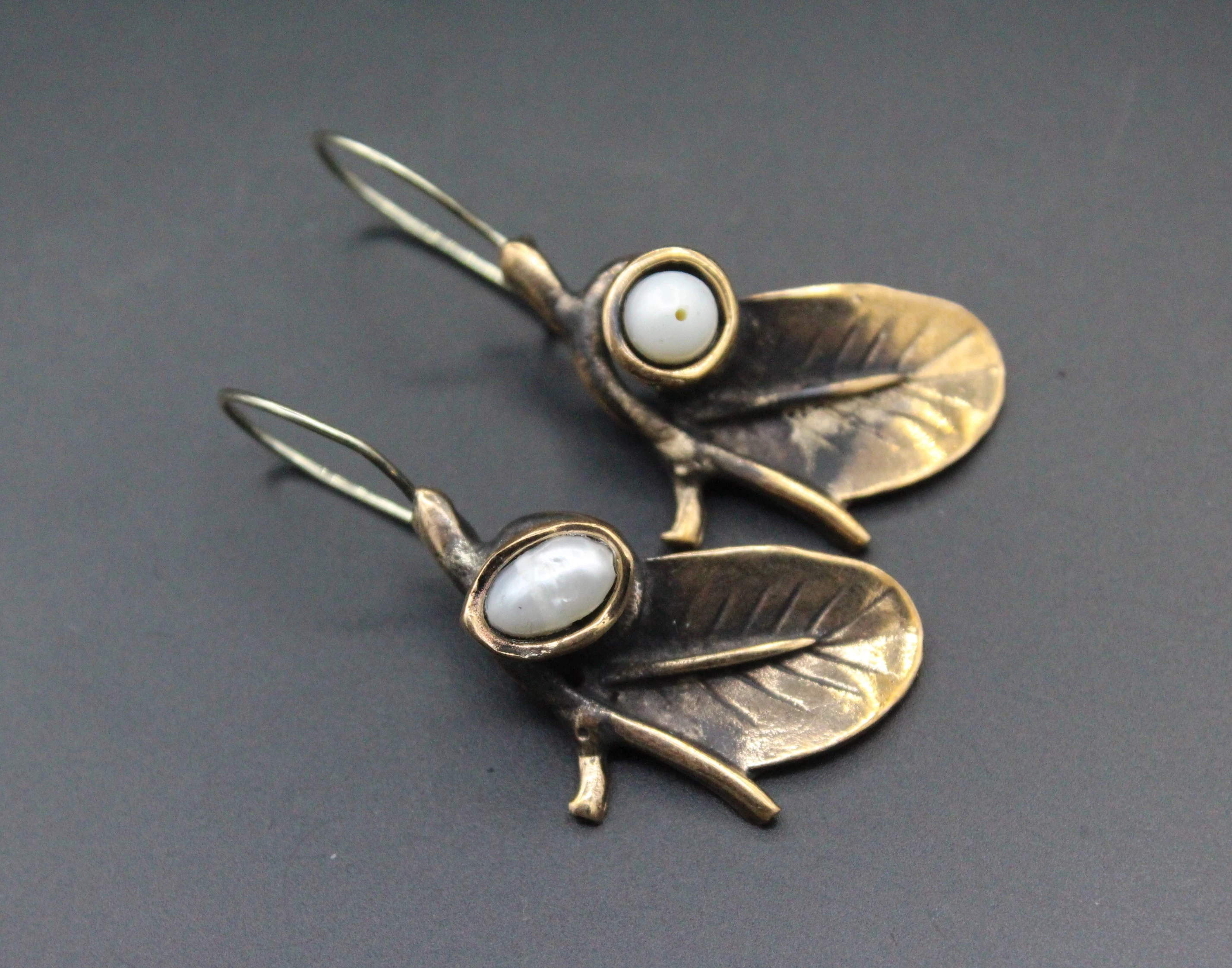 Bronze Küpe, Yaprak desenli Küpe, inci taşlı Küpe, Boho Küpe, 