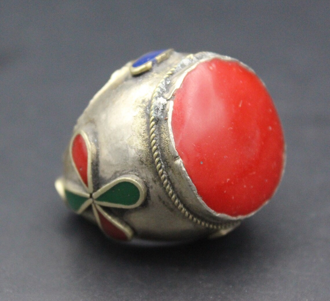 Vintage Afghan Alpaka Ring, Red Enamel Ring, Tribal Boho Ring, Kuchi Ring, Large Gypsy Ring, Size 9.25US, Afghan Jewelries