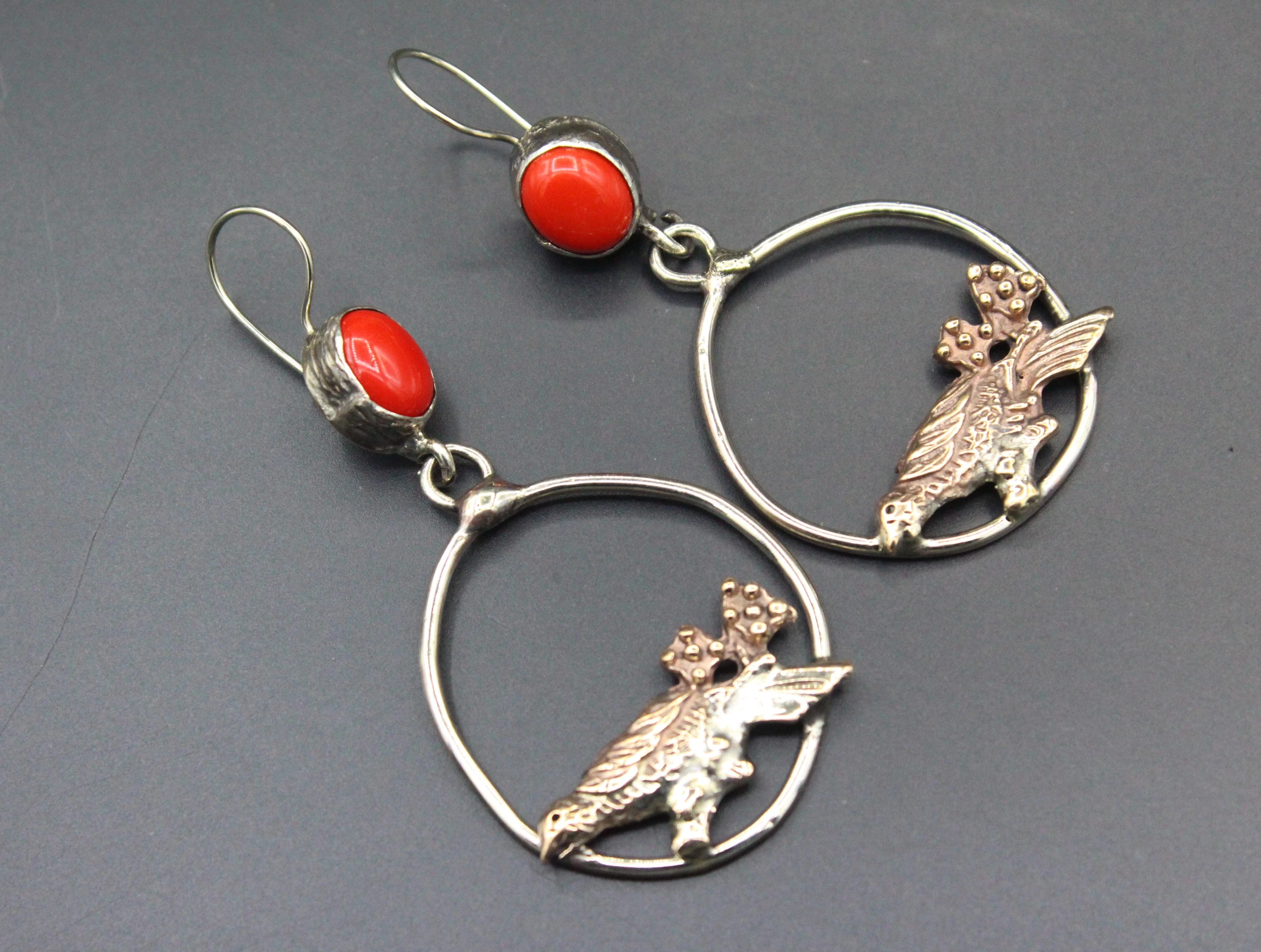 Bronze Küpe, Serçe Desenli Küpe, Koral Taşlı Küpe, Boho Küpe, 