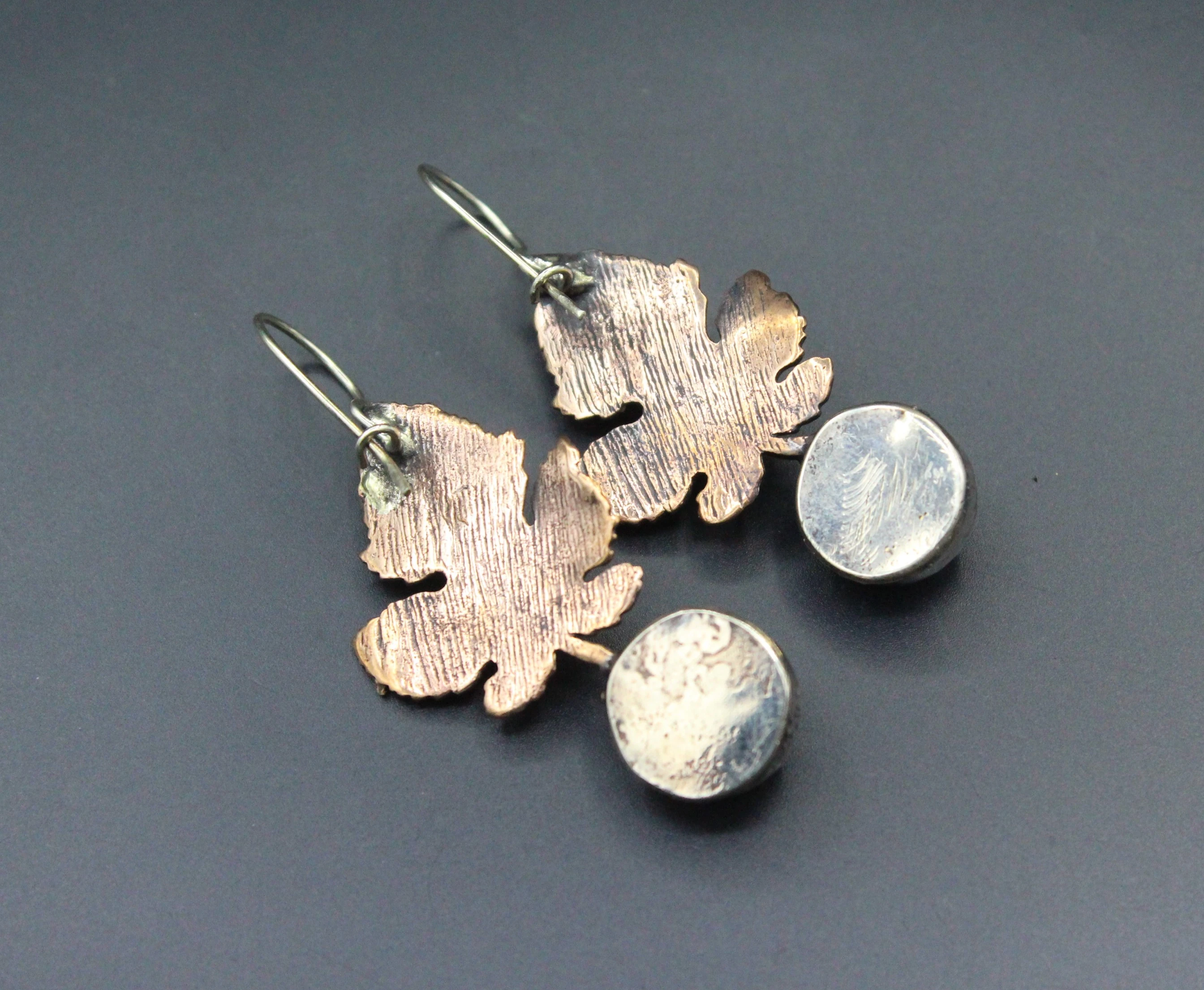 Bronze Küpe, Yaprak desenli Küpe, Onyx Taşlı Küpe, Boho Küpe, 