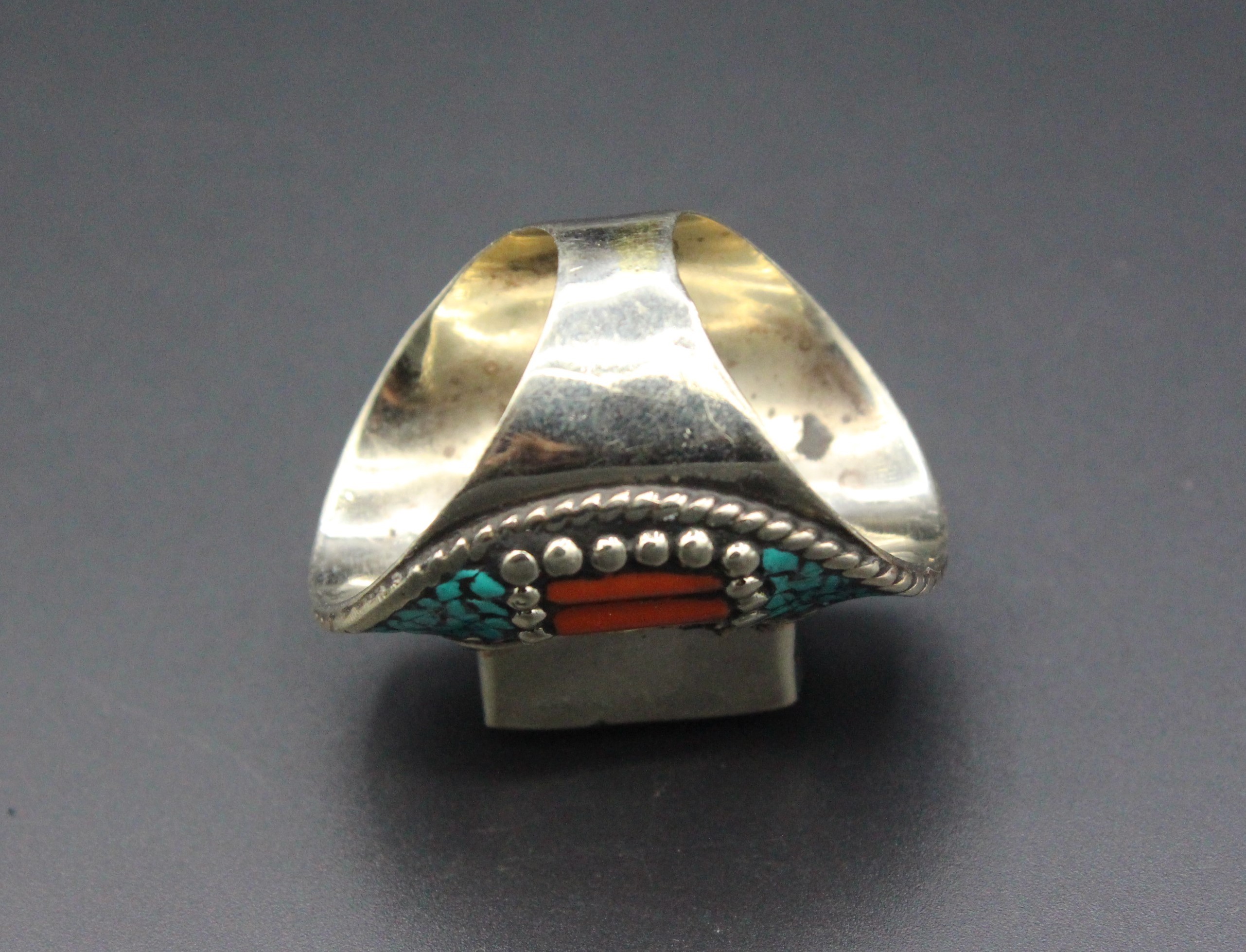 Nepalese Tibetan Vintage Ring, Turquoise & Coral Stones Long Ring, Boho Style Adorable Ring, Size 10US, Gemstones Ring, Long Boho Ring,