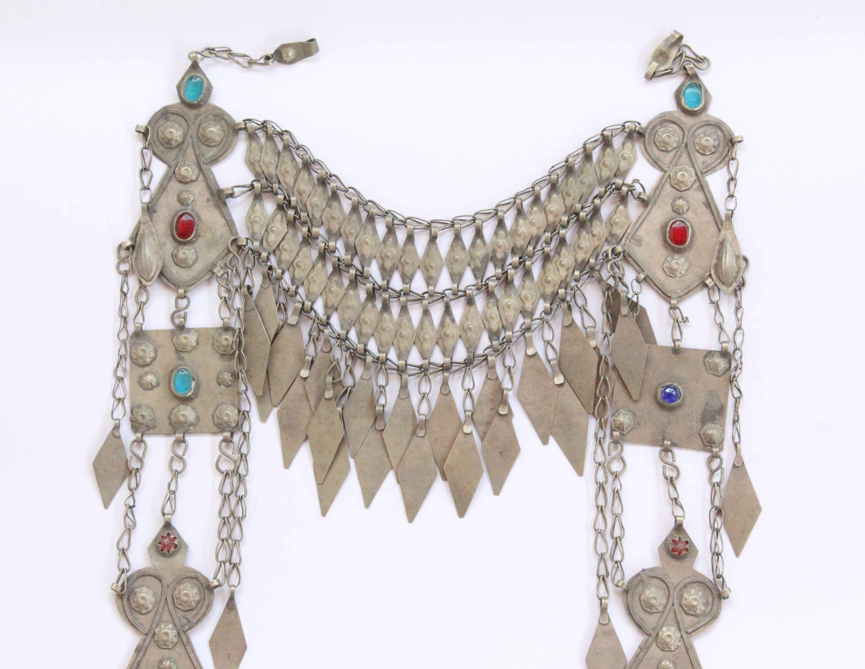 Vintage Turkmen Headpiece, Ethnic Tribal Alpaka Head Jewelry, Glass Beads Tassels Headpiece, Costuming Jewelry, Tribal Turkmen Jewelry
