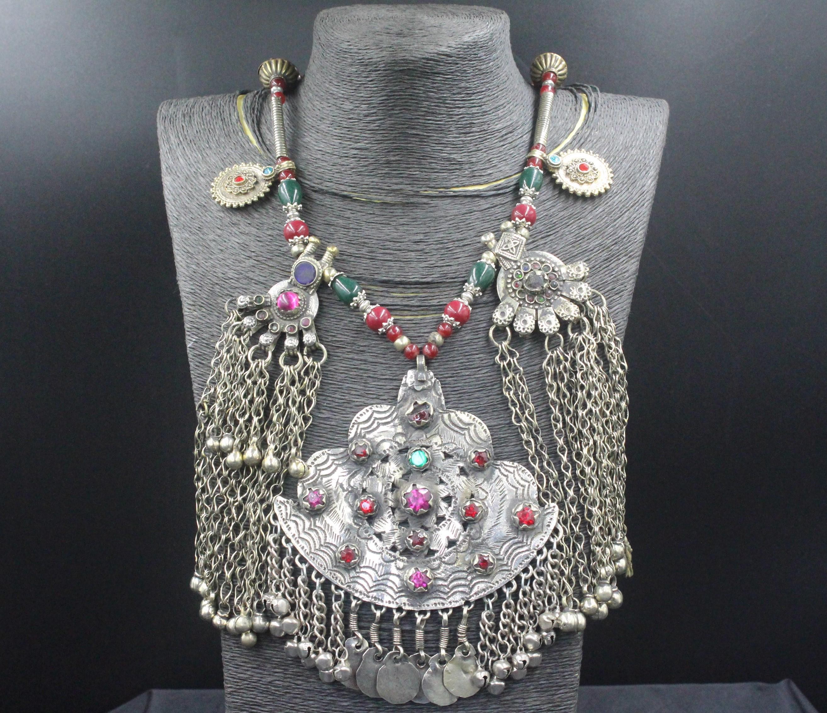 Vintage Afghan Gypsy Necklace, Glass Beads Necklace, Unique Beads Fabric Necklace,