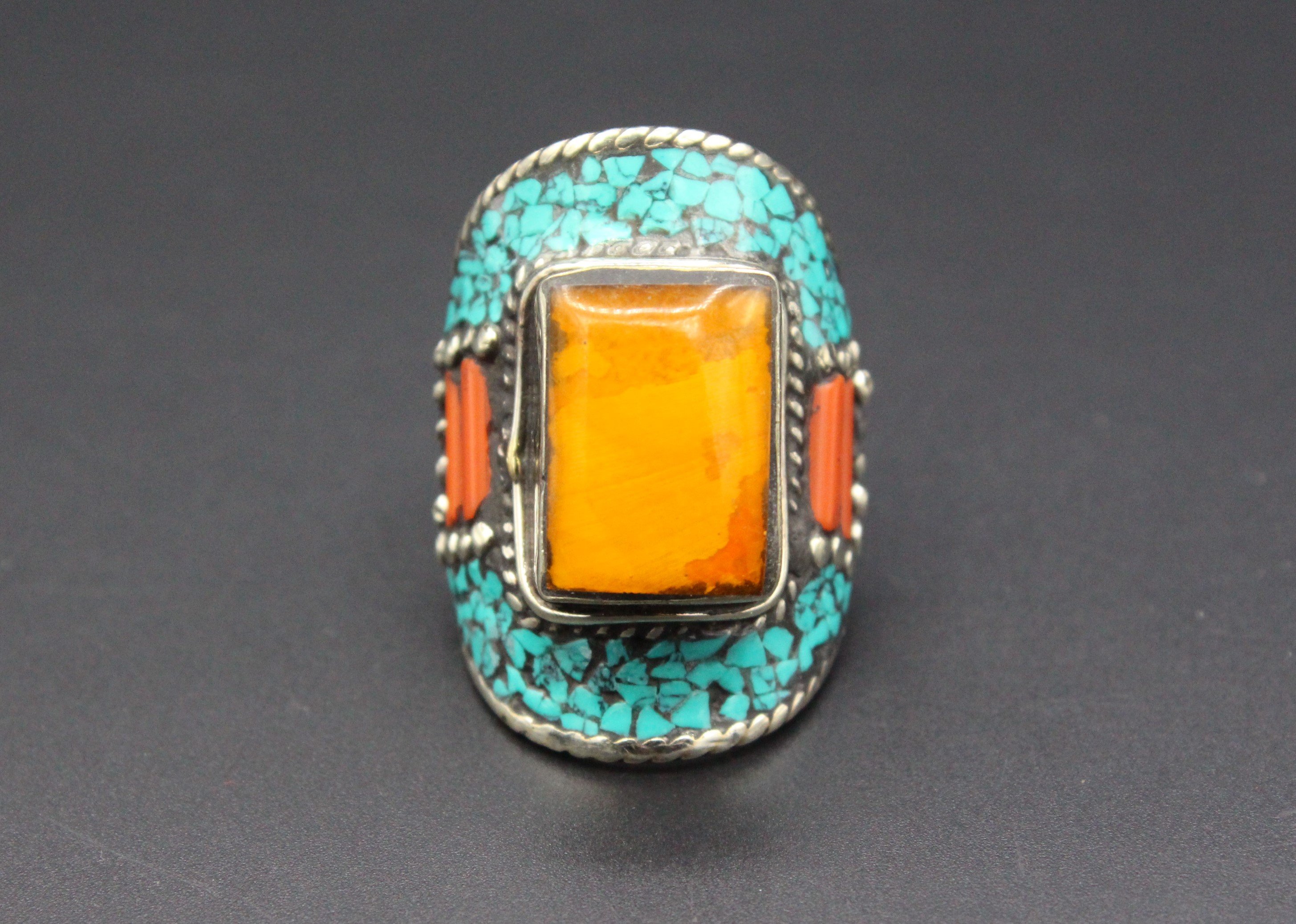 Nepalese Tibetan Vintage Ring, Turquoise & Coral Stones Long Ring, Boho Style Adorable Ring, Size 10US, Gemstones Ring, Long Boho Ring,