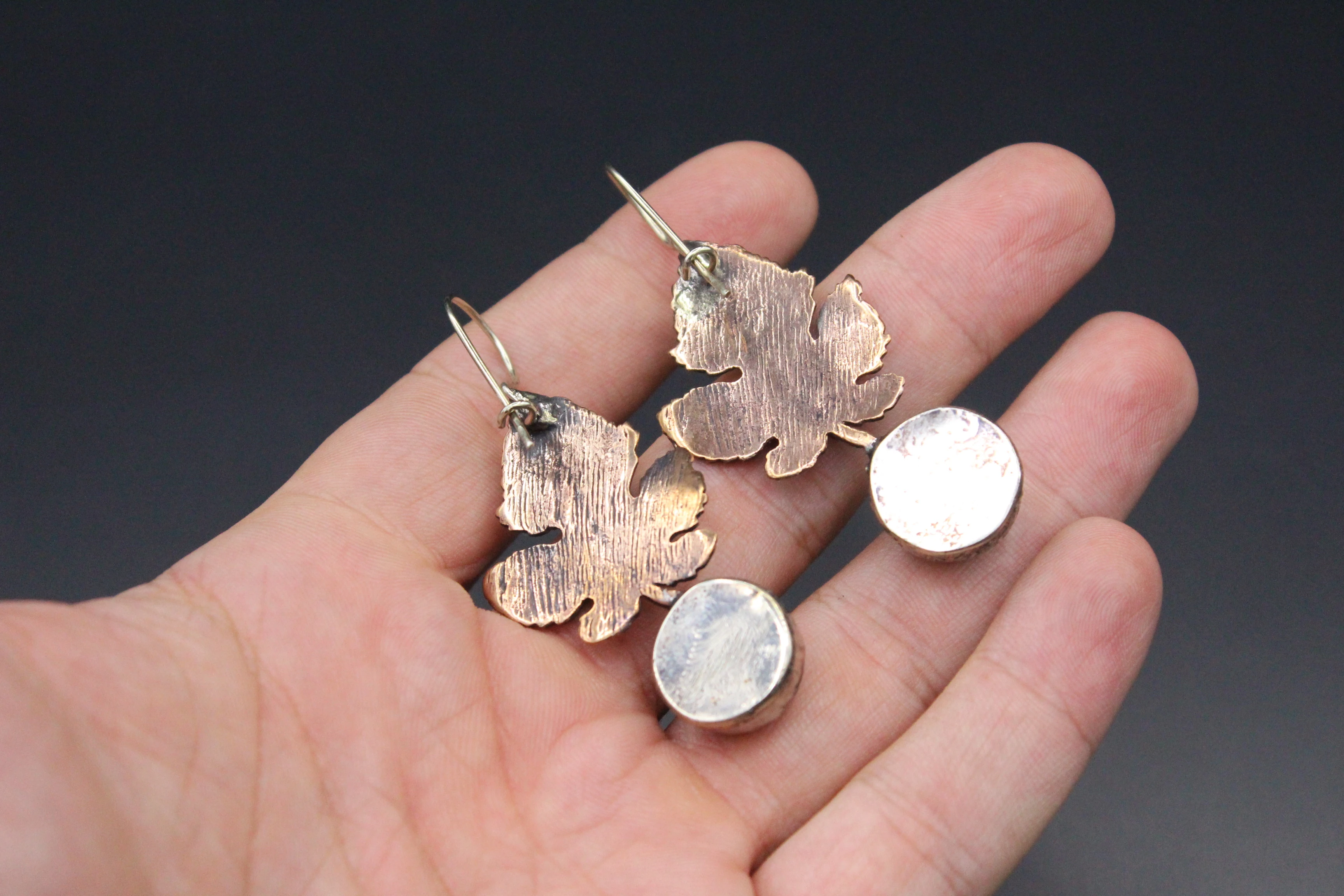 Bronze Küpe, Yaprak desenli Küpe, Onyx Taşlı Küpe, Boho Küpe, 