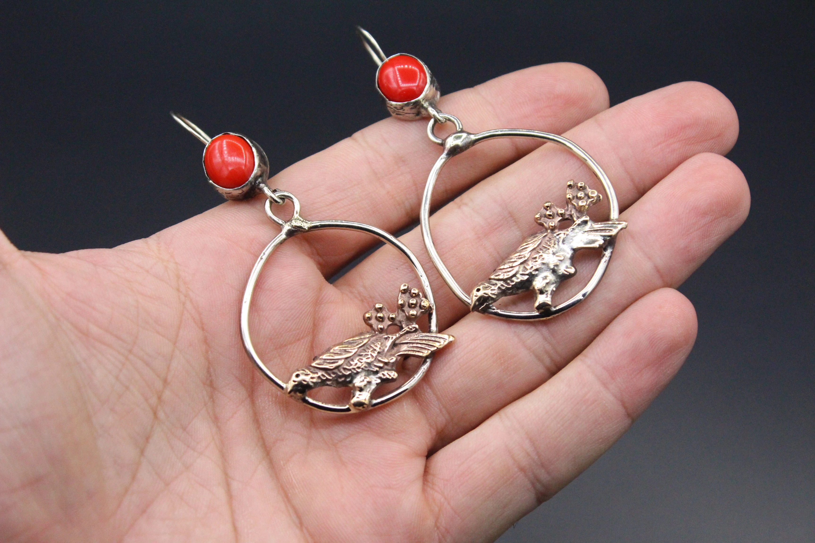 Bronze Küpe, Serçe Desenli Küpe, Koral Taşlı Küpe, Boho Küpe, 