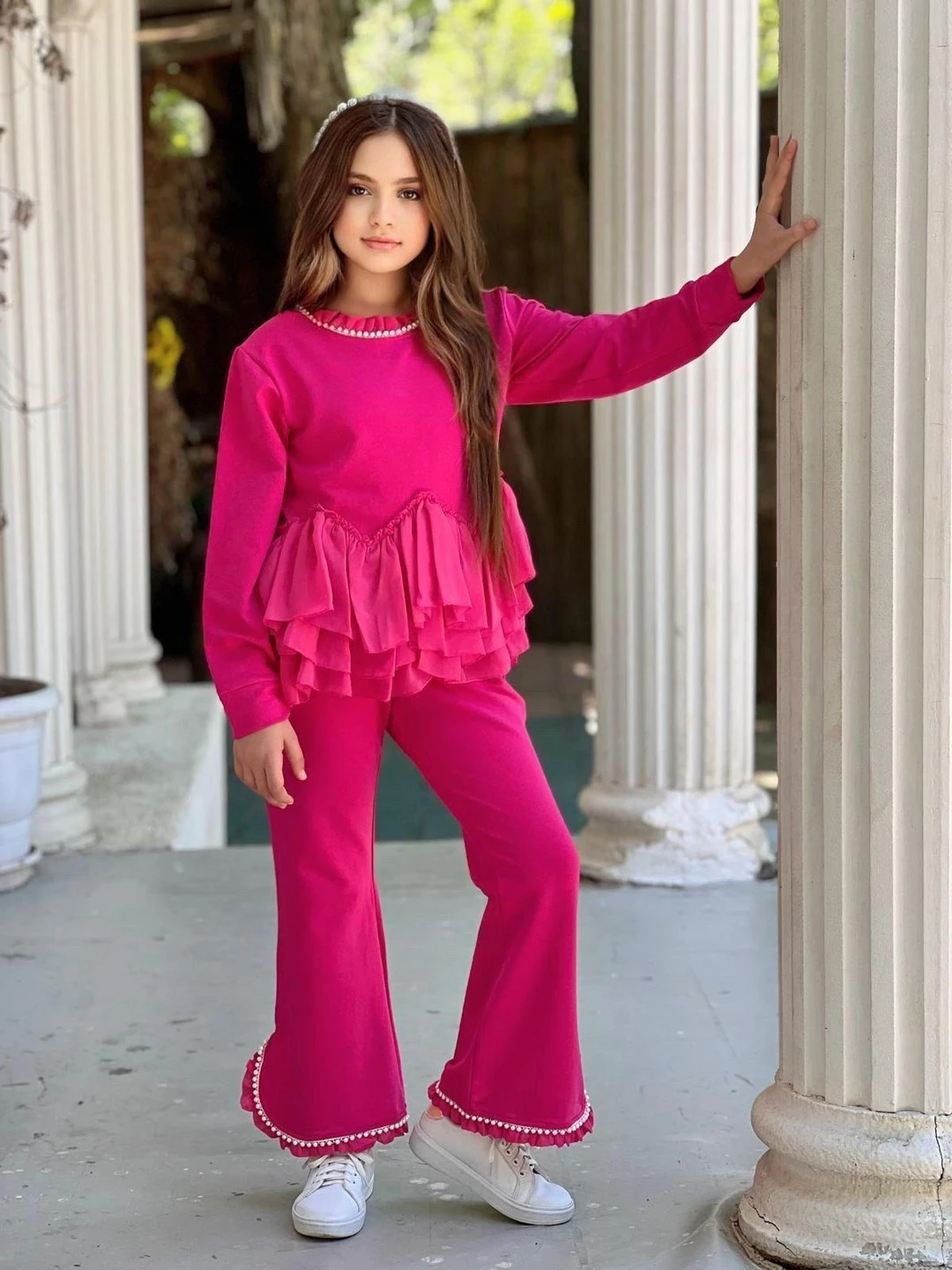 İnci Detaylı Dantelli Takım ve Taç Kız Çocuk