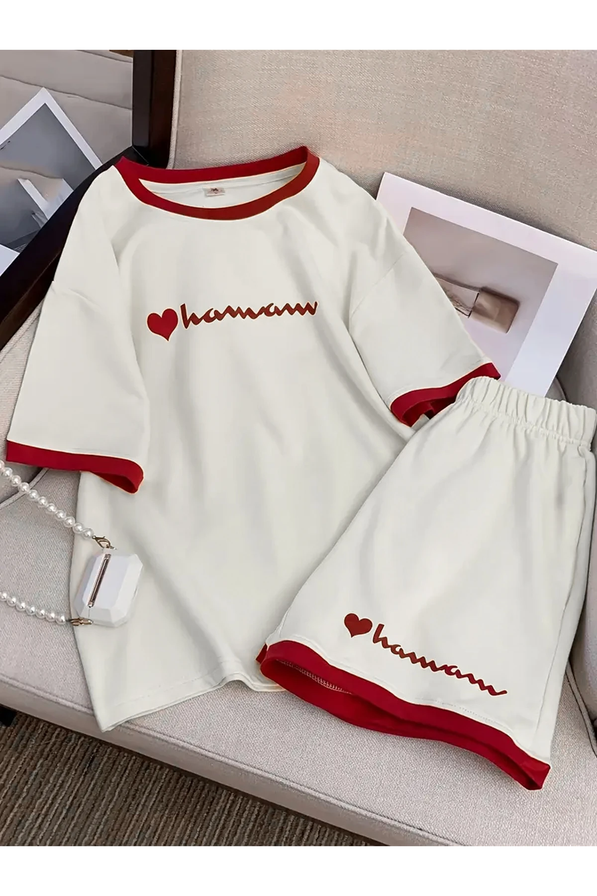 Kız Çocuk 2'li Alt Üst Takım Biye Detaylı Baskılı Şort T-Shirt