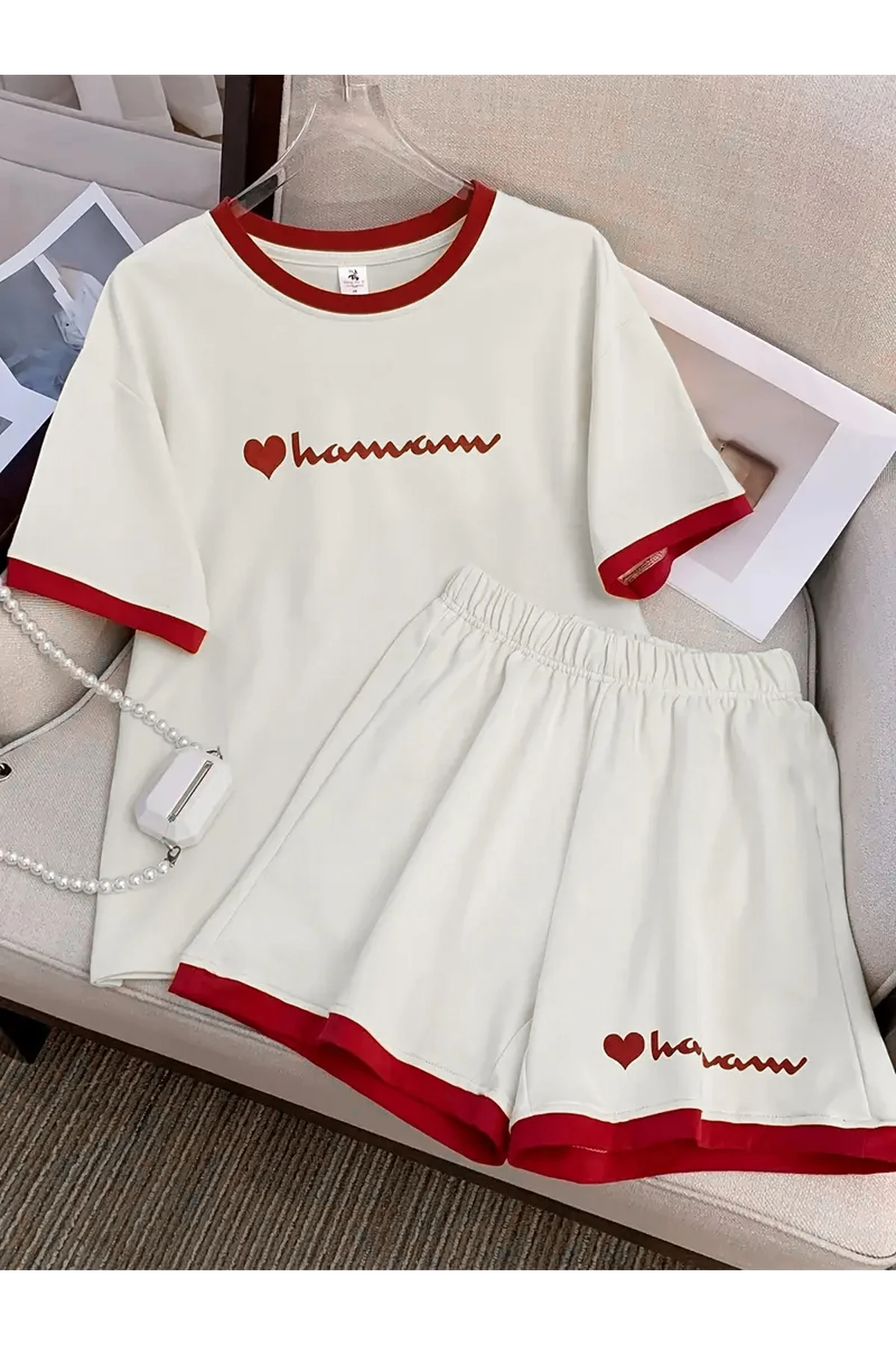 Kız Çocuk 2'li Alt Üst Takım Biye Detaylı Baskılı Şort T-Shirt