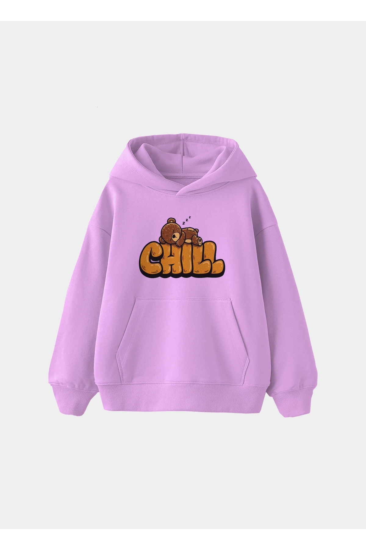 Chill Ayıcık Baskılı 3 İplik İçi Polarlı Oversize Çocuk Kapüşonlu Sweatshirt