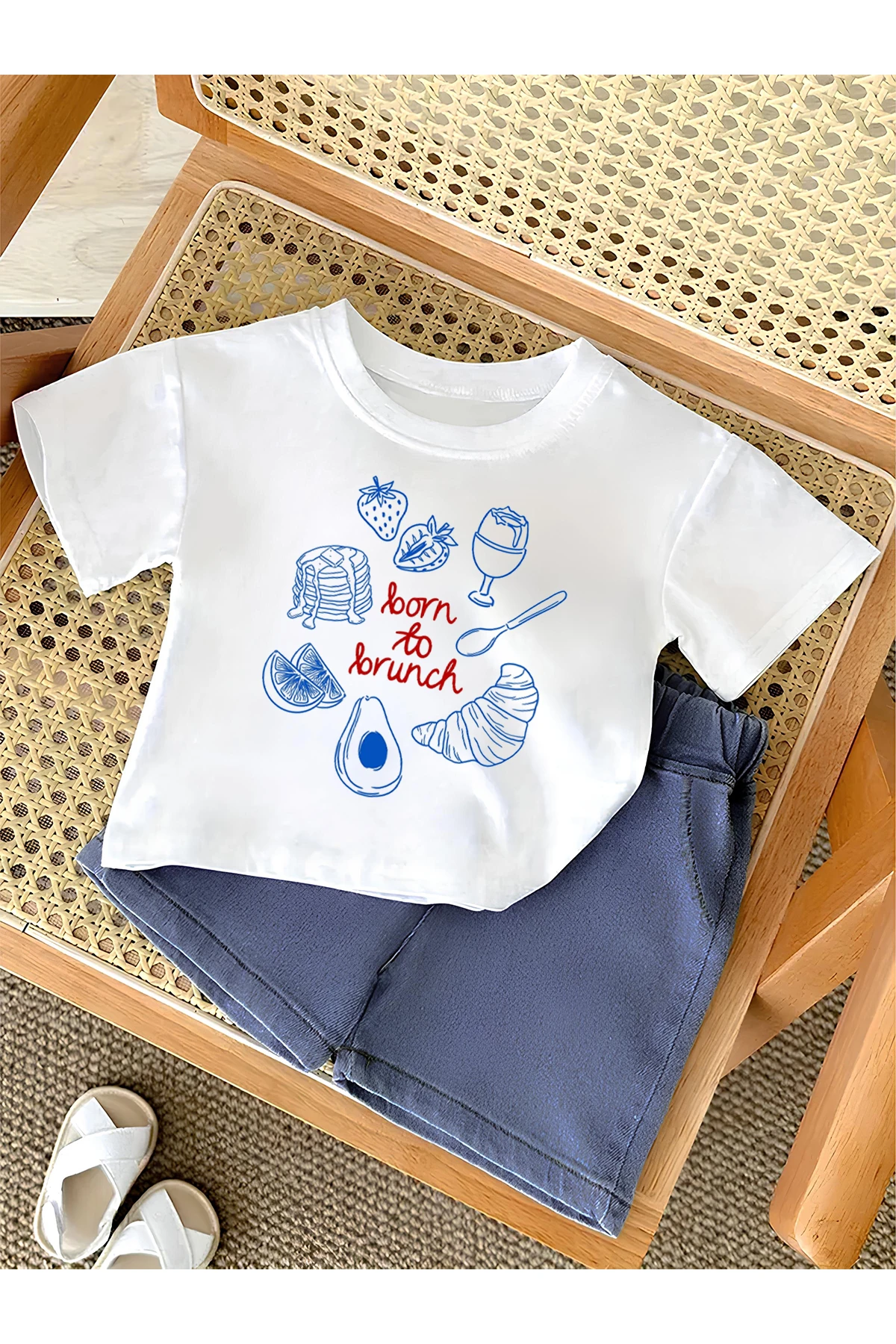 Erkek Çocuk Brunch Baskılı Penye 2'li Alt Üst Beli Lastikli Sülfür Kot Şort T-Shirt Takım