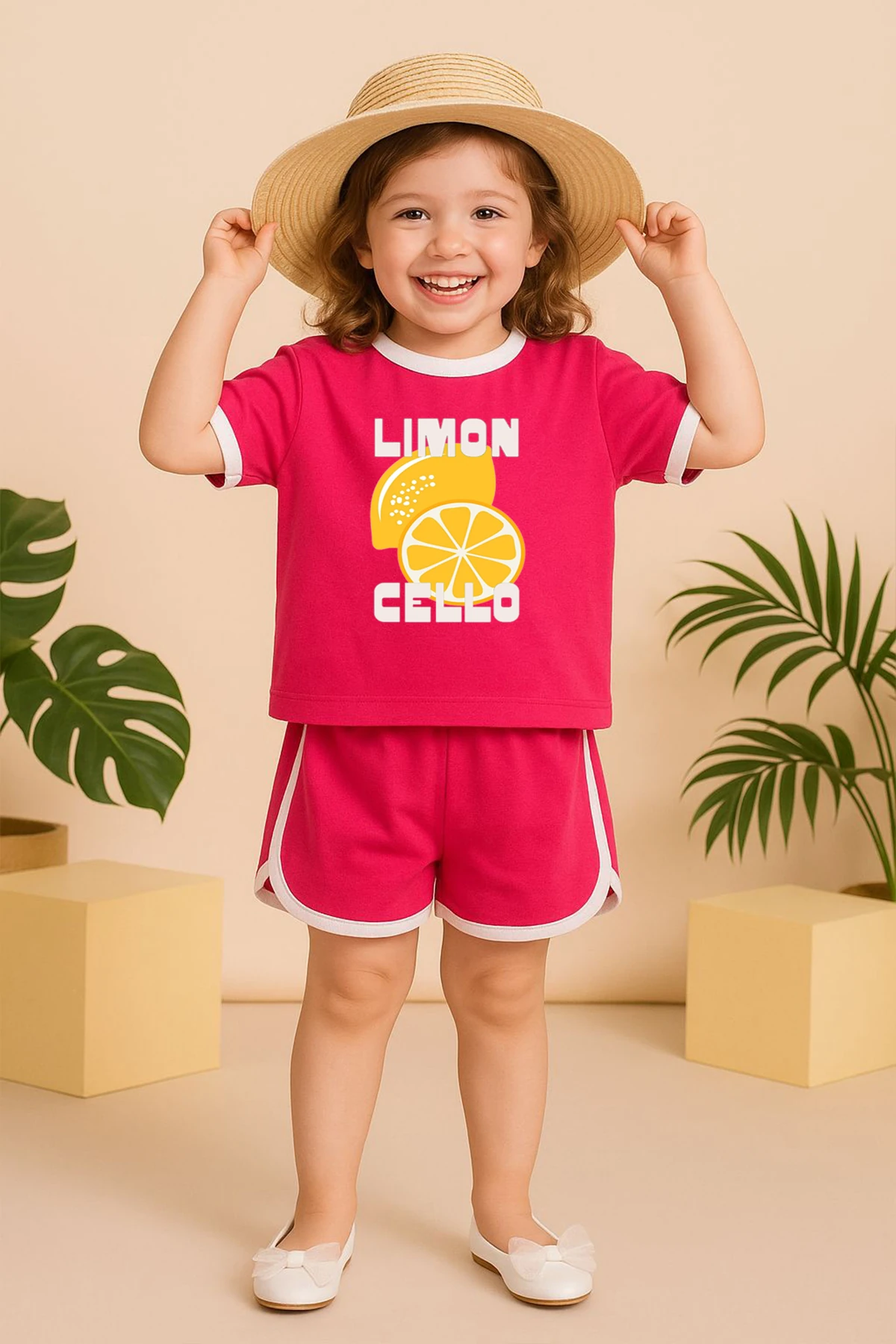 Kız Çocuk 2'li Alt Üst Takım Biye Detaylı Baskılı Şort T-Shirt