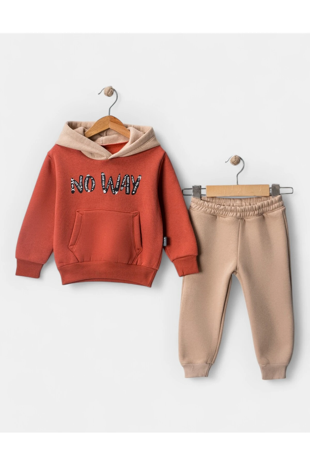 No Way Baskılı Erkek Çocuk 3 Iplik Içi Pamuklu Alt Üst Eşofman Takımı - kiremit-bej