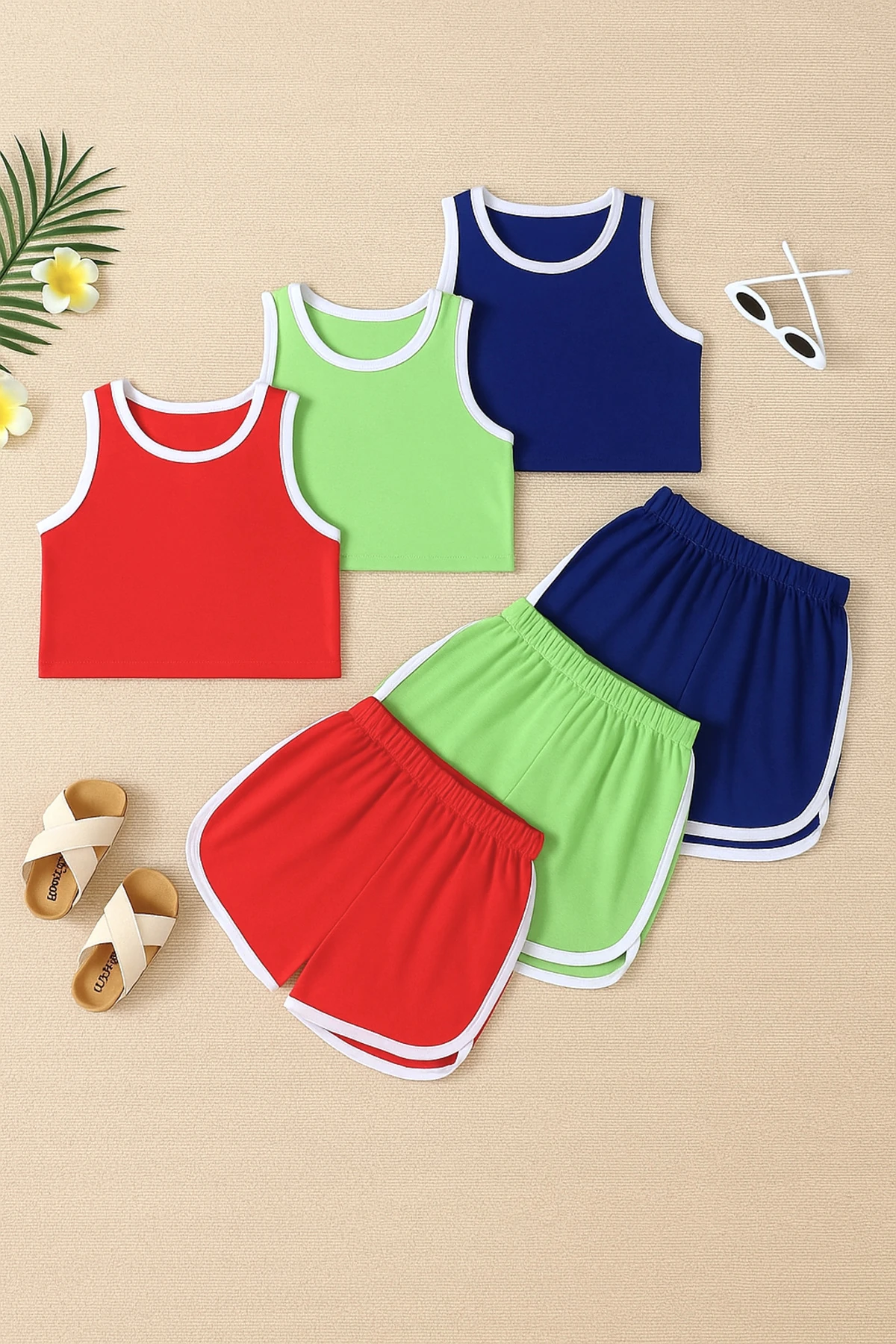 Kız Çocuk 3'lü Paket Penye 2'li Alt Üst Beli Lastikli Şort Crop Takım