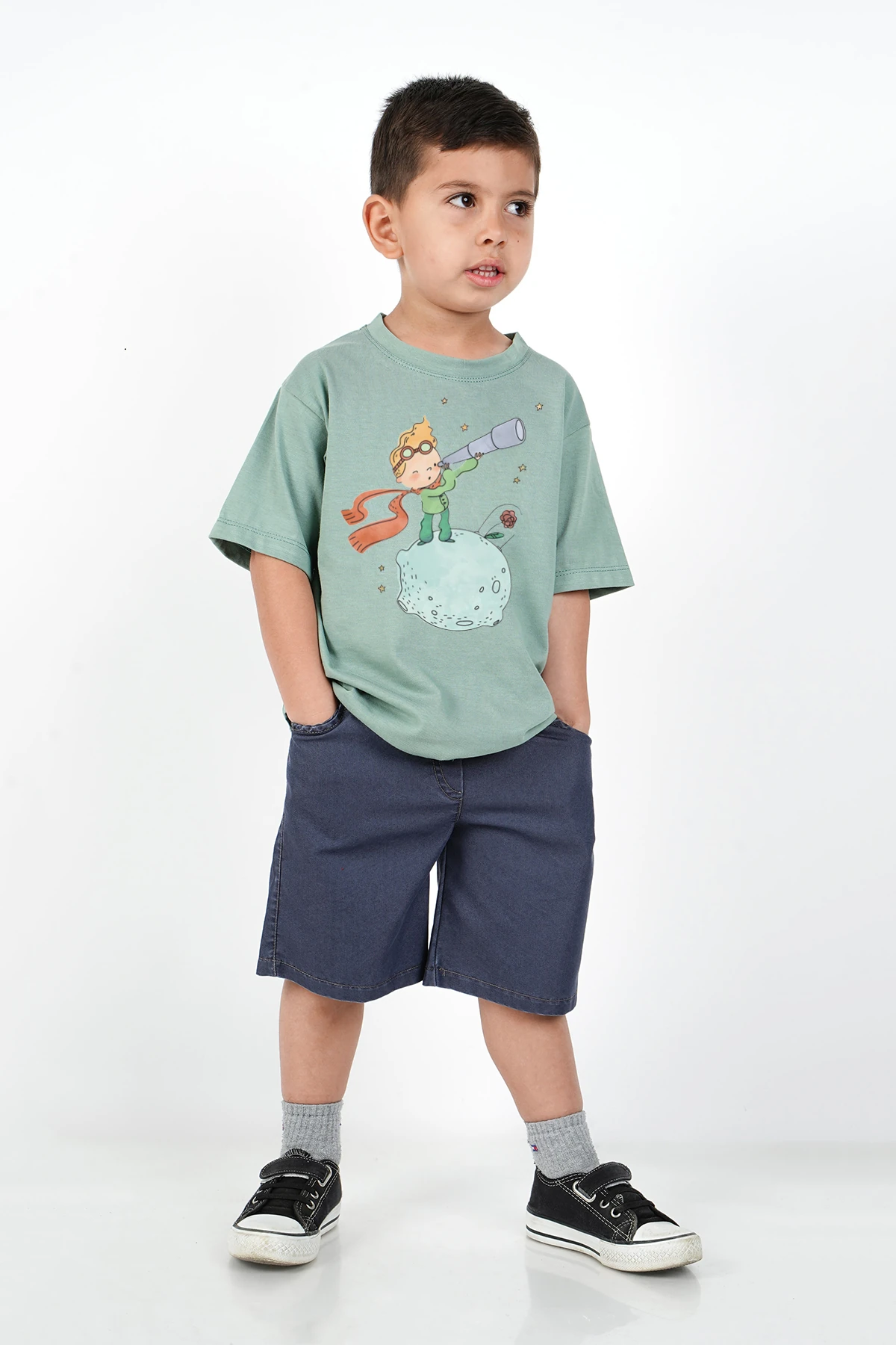 Erkek Çocuk Küçük Prens Baskılı Penye 2'li Alt Üst Beli Lastikli Kot Şort T-Shirt Takım