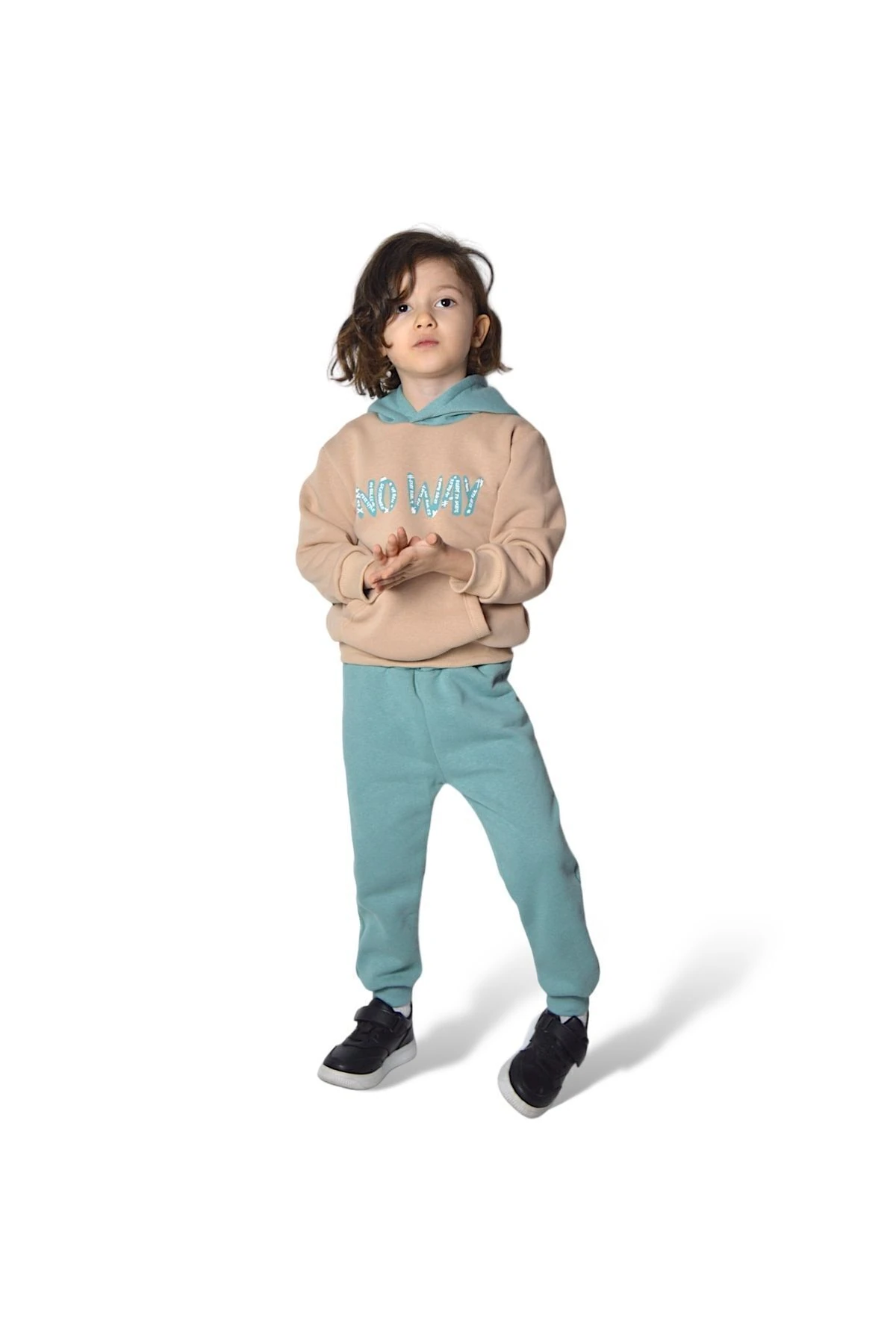 No Way Baskılı Erkek Çocuk 3 Iplik Içi Pamuklu Alt Üst Eşofman Takımı - bej-su yeşili