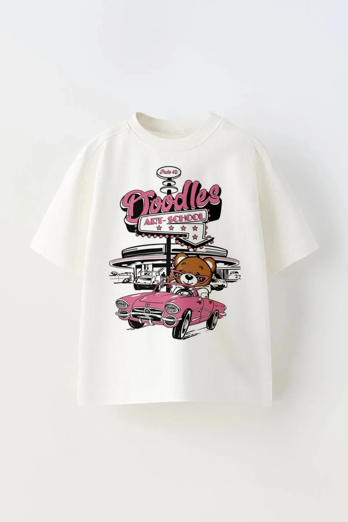 Pembe Ayıcık Baskılı Kız Çocuk Oversize Tişört T-Shirt