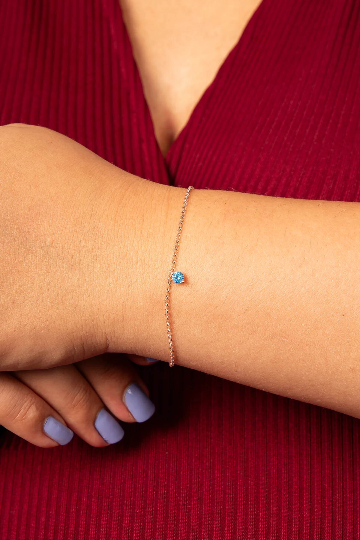 Gümüş Minimal Akuamarin Taşlı Rose Tek Taş Bileklik