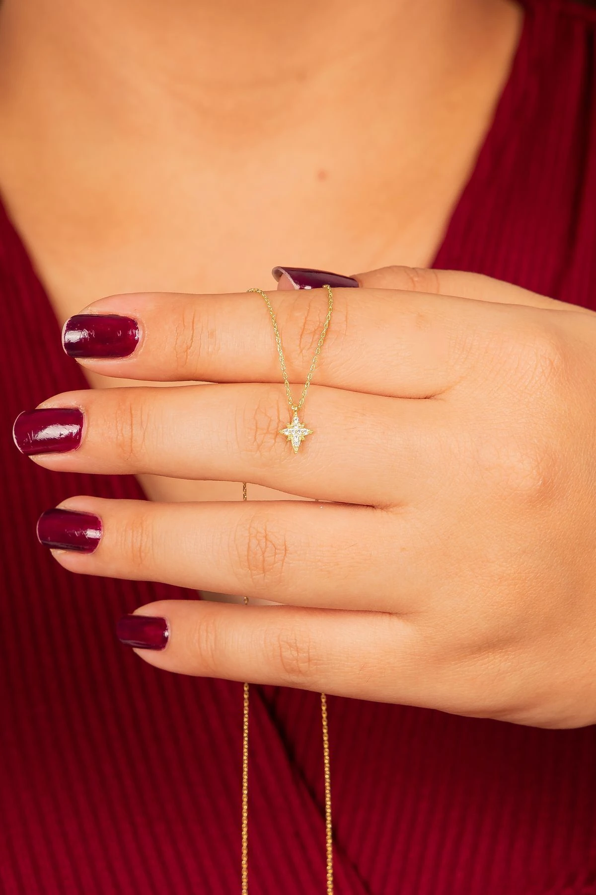 Gümüş Zirkon Taşlı Minimal Kutup Yıldızı Gold Kolye