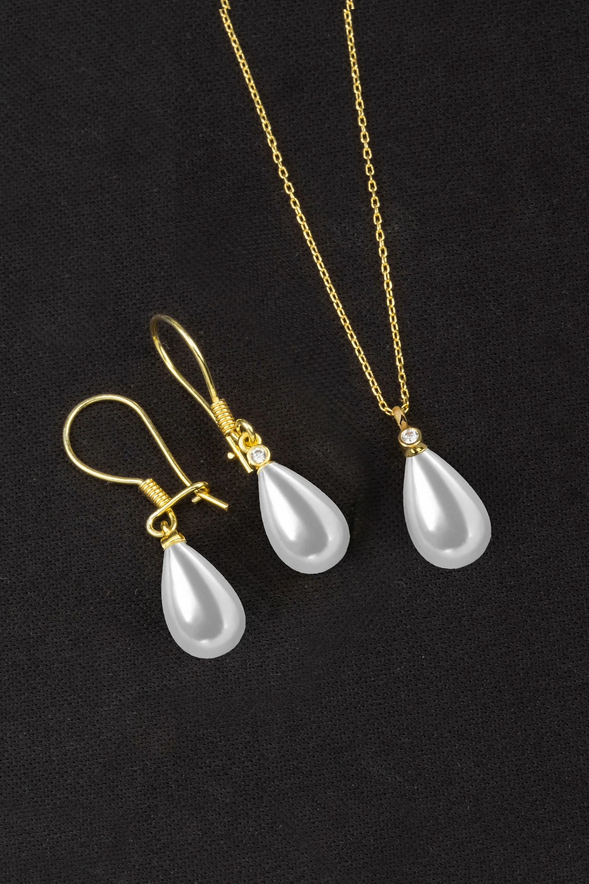 Gümüş Kadın Gold 2'li Set İnci Kolye Ve Anne Küpe 8x12 mm