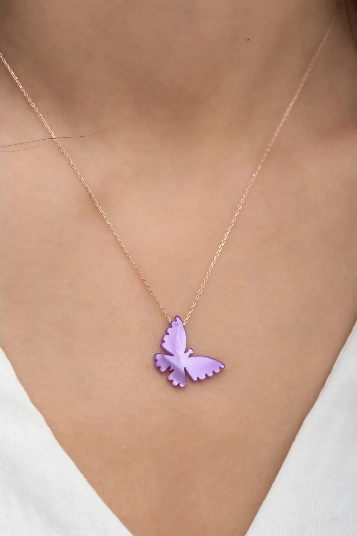 Gümüş Ametist Rose Kelebek Kolye