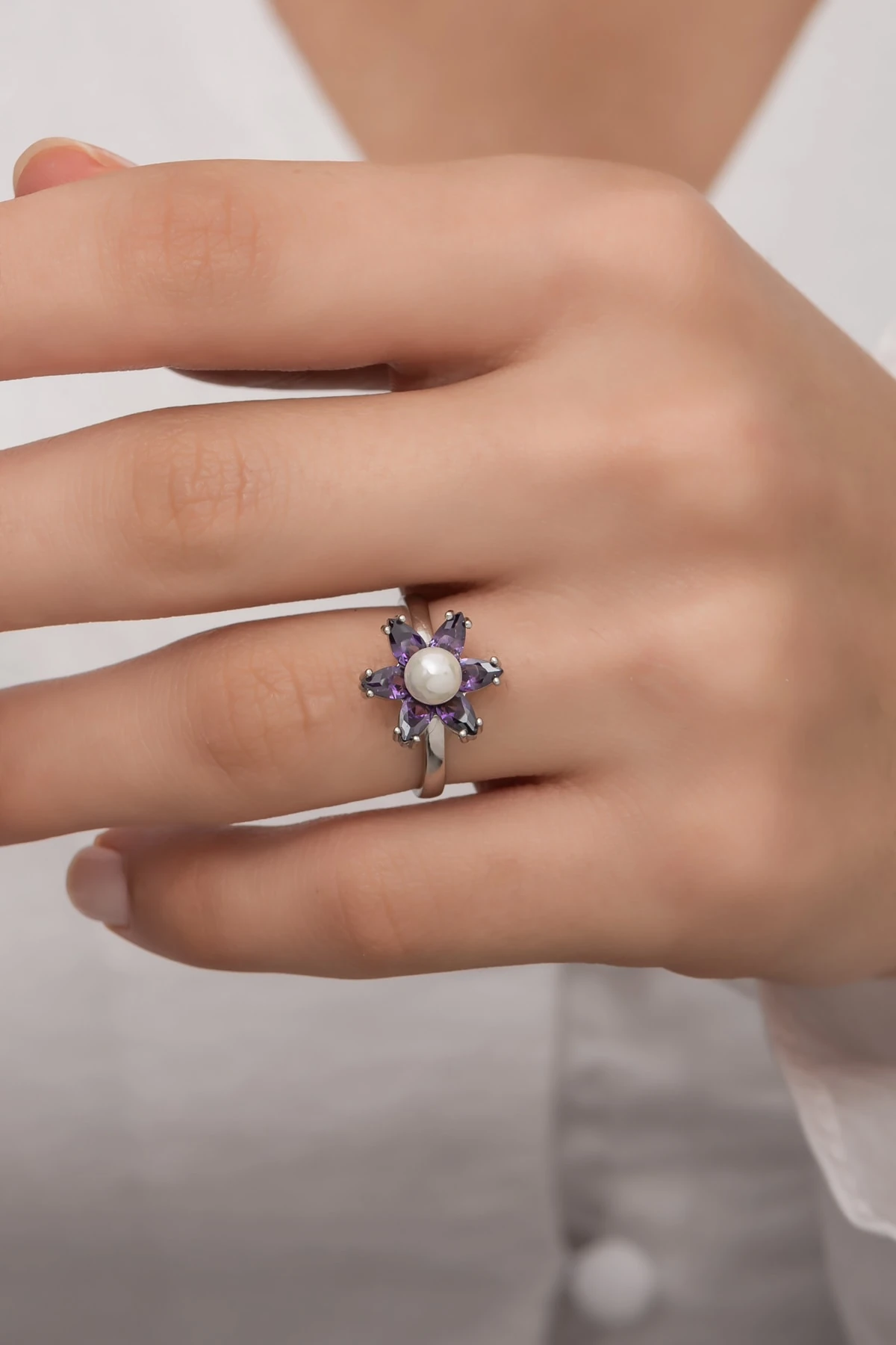 Incili Lotus Ametist Taşlı Rodaj Yüzük 925 Ayar Gümüş