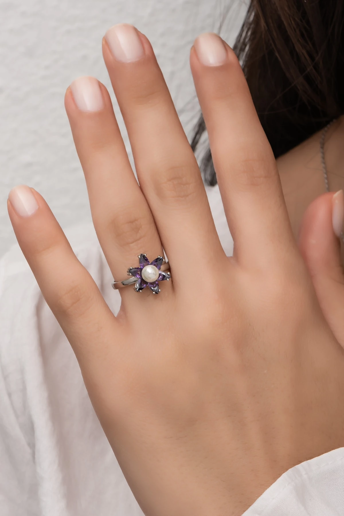 Incili Lotus Ametist Taşlı Rodaj Yüzük 925 Ayar Gümüş