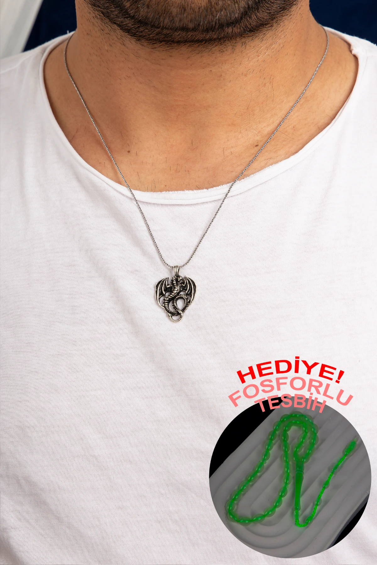 GÜMÜŞ KANATLI EJDERHA FİGÜRLÜ ERKEK KOLYE