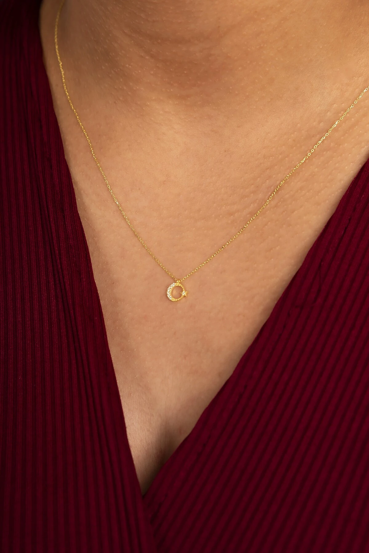 Gümüş Zirkon Taşlı Minimal Ay Yıldız Gold Kolye