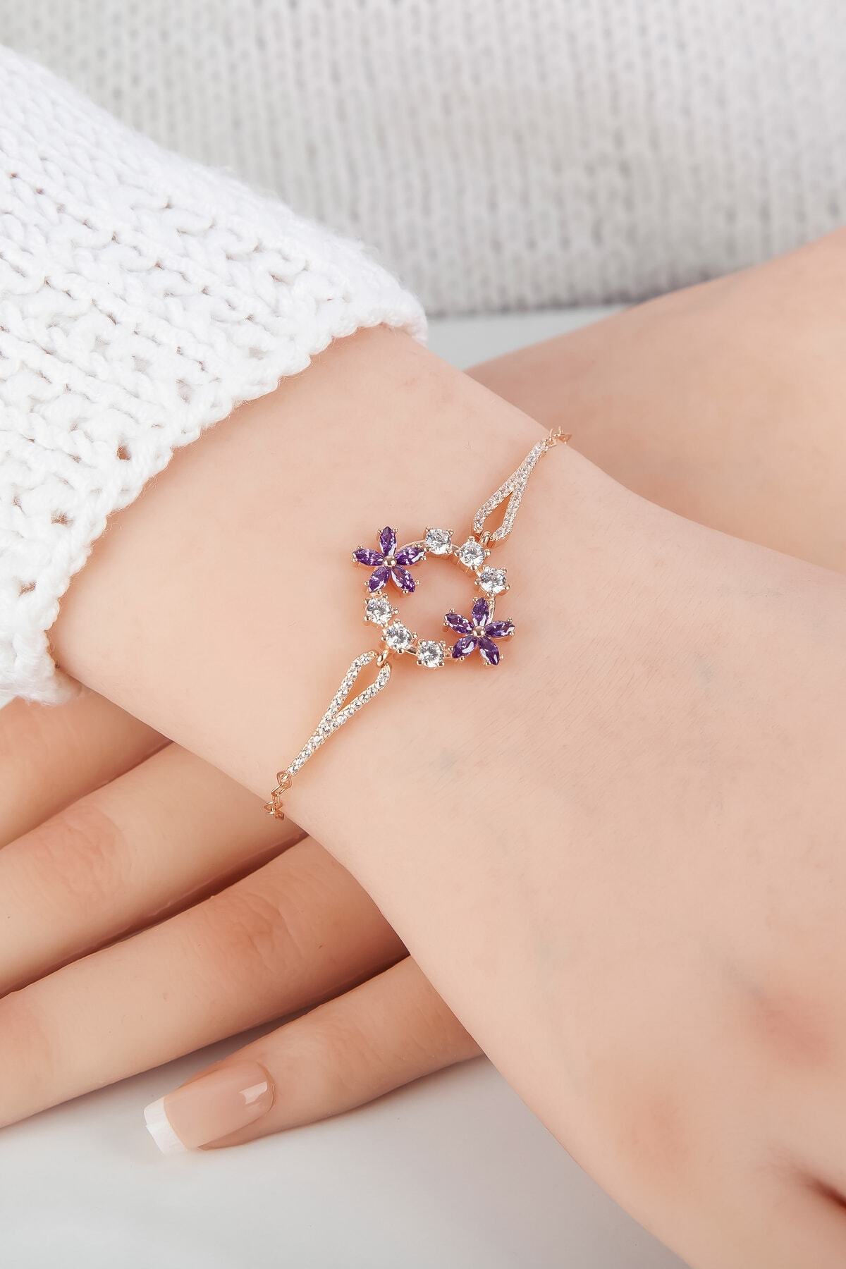 Ametist Taşlı Unutma Beni Çiçeği Rose Bileklik-925 Ayar Gümüş