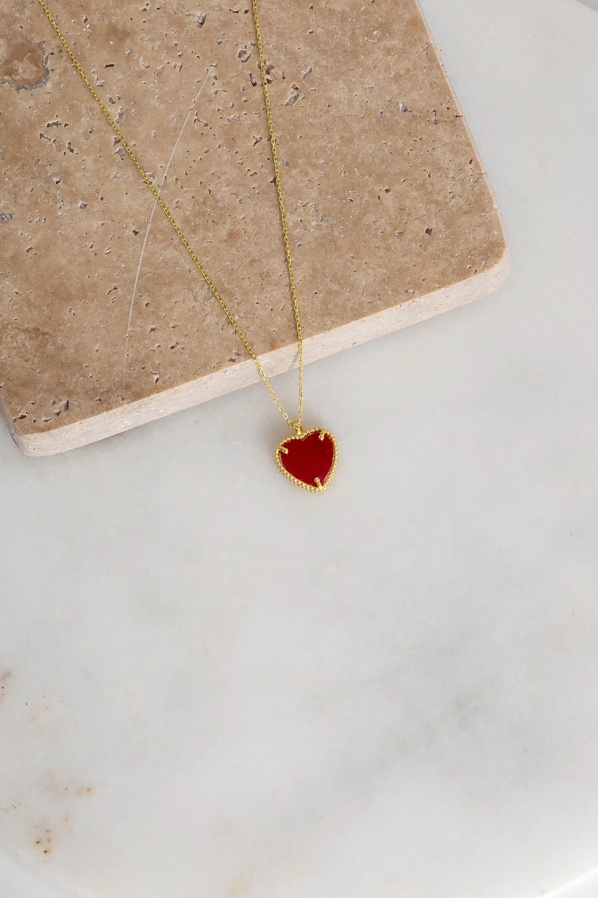 GÜMÜŞ KALPLİ AŞK KOLYE KIRMIZI TAŞLI GOLD