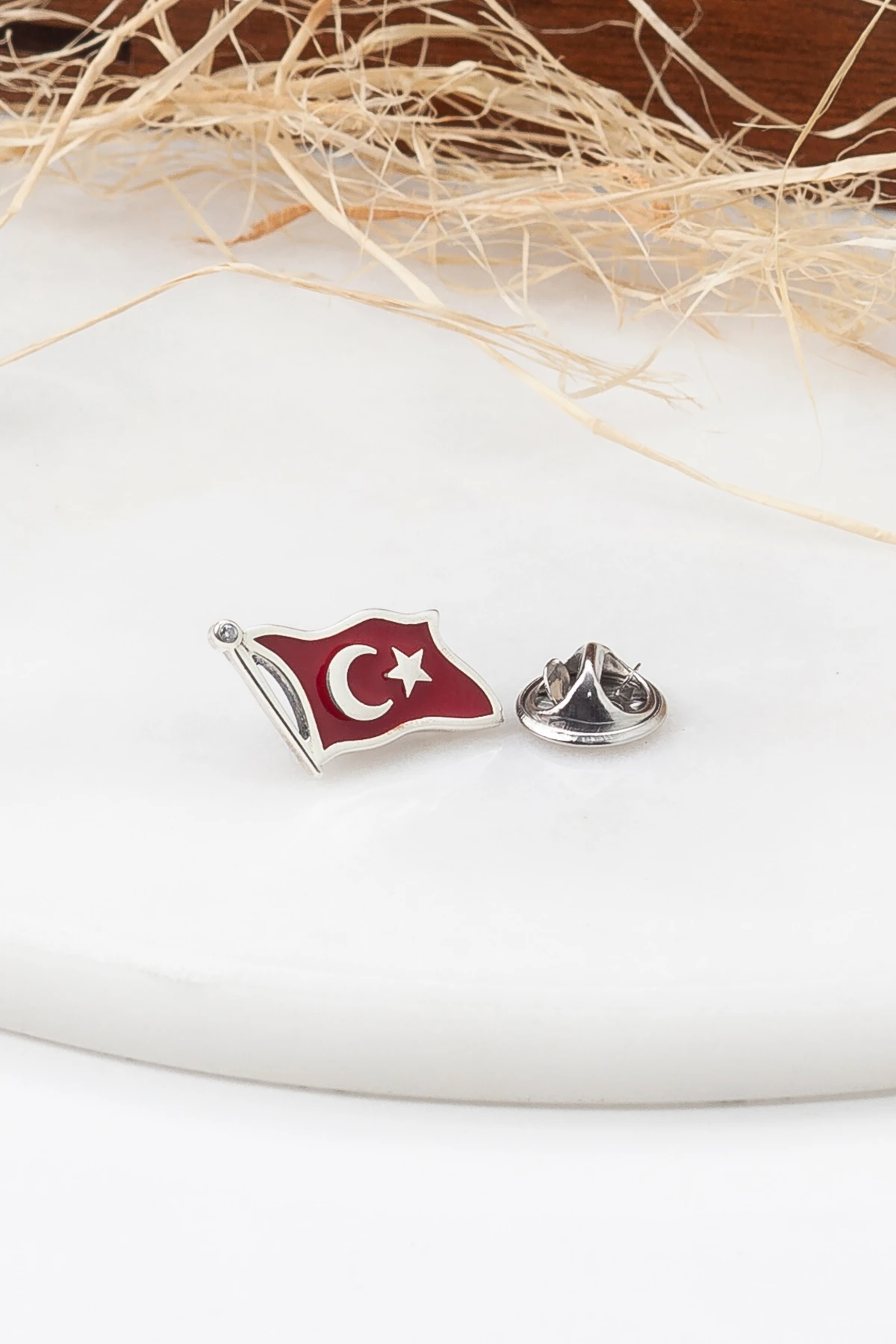 Gümüş 925 Ayar Ay Yıldız Türk Bayrağı Yaka Rozeti