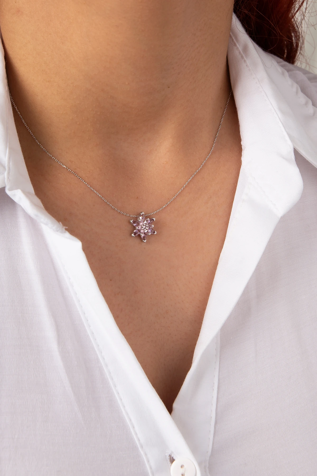 Gümüş Pembe Taşlı Minimal Rodaj Lotus Çiçeği Kolye